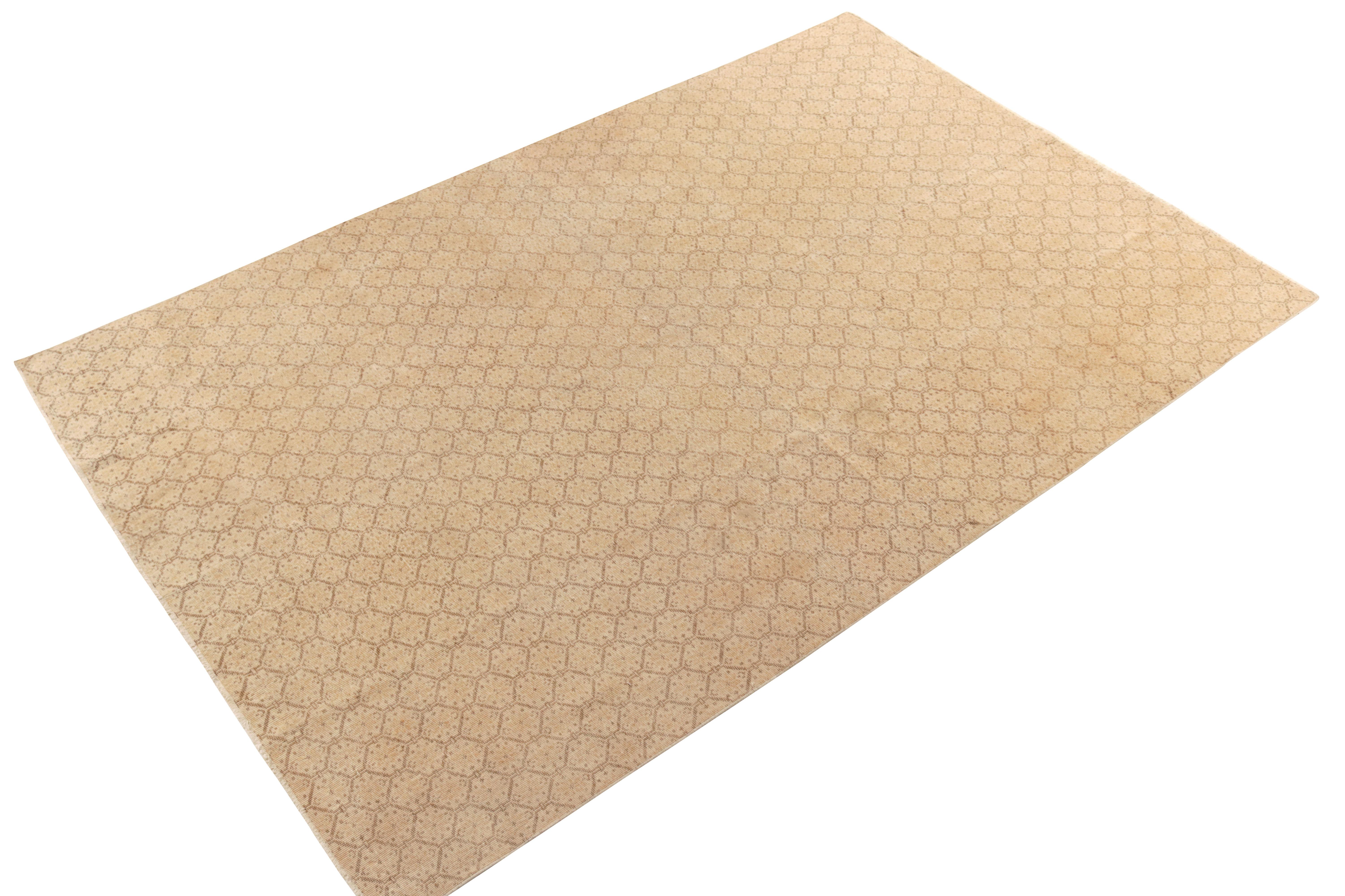 Mid-Century Modern 1960s Vintage Distressed Rug in Beige Honeycomb Geometric Pattern by Rug & Kilim For Sale