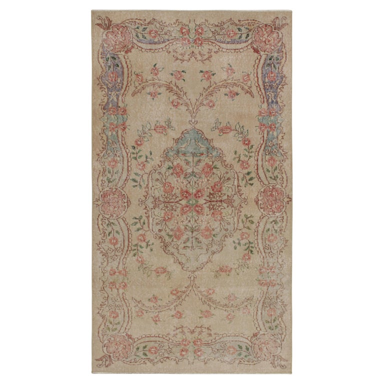 1960s Vintage Distressed Rug in Beige, Red Floral Medallion Style by ...
