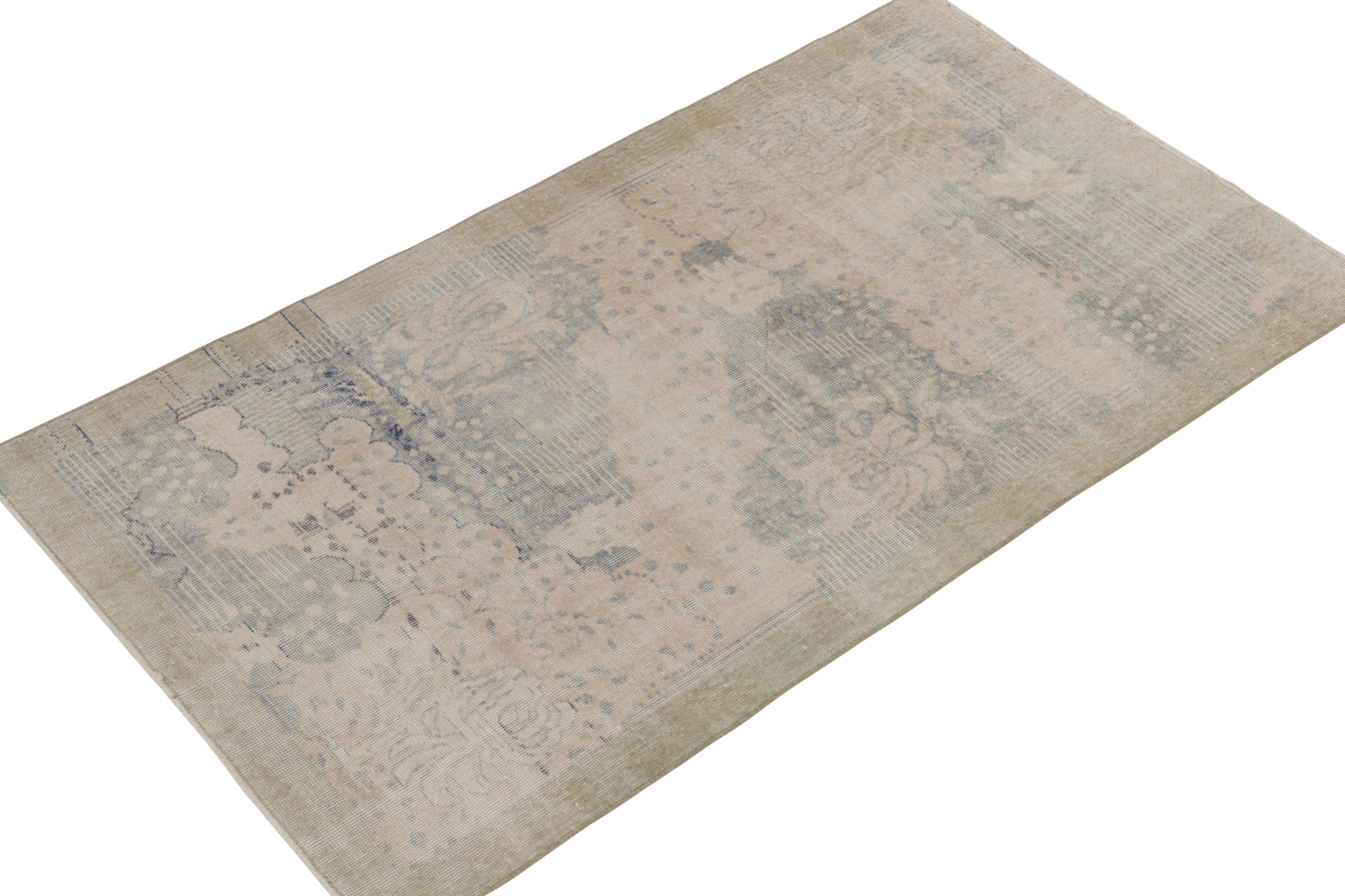 A vintage 4x7 midcentury rug from the midcentury Pasha Collection by Rug & Kilim. hand knotted in low-pile wool with a distressed, shabby-chic texture, believed to be among the rare curations of Zeki Müren. 

On the Design: 

This piece enjoys