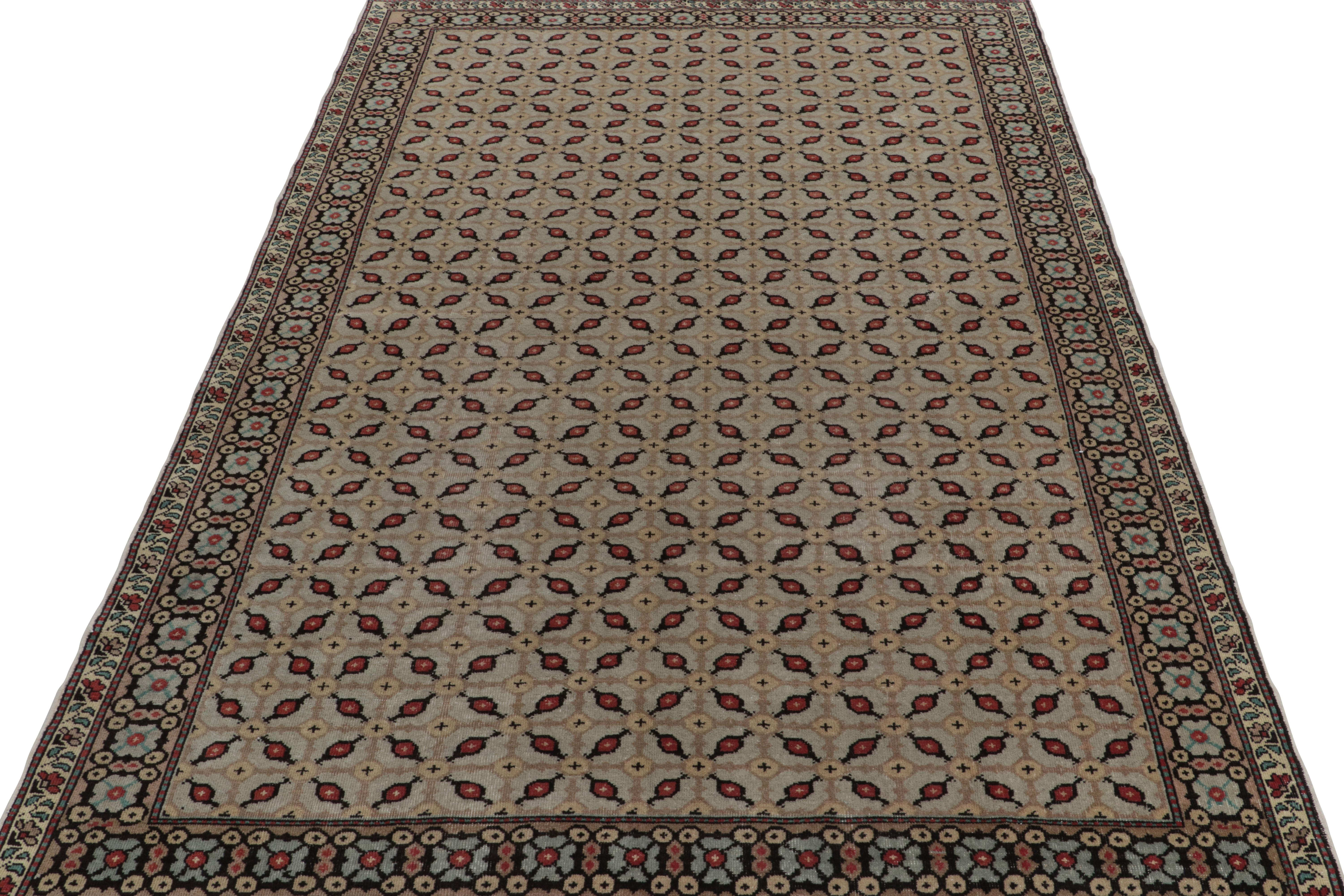 Tribal 1960s Vintage Distressed Rug in Beige-Brown Geometric Pattern by Rug & Kilim For Sale