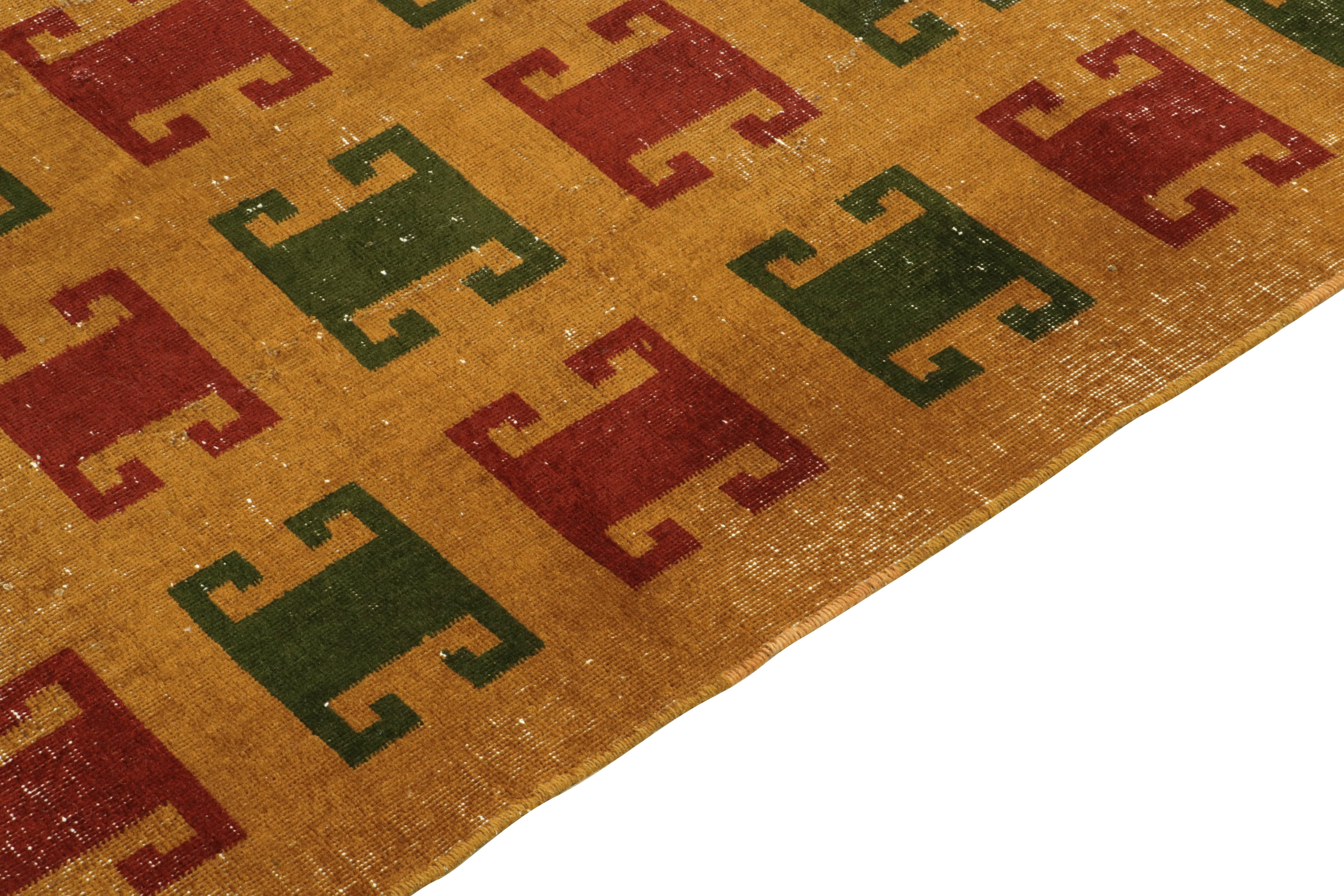 Hand-Knotted 1960s Vintage Distressed Rug in Gold, Red Green Geometric Pattern by Rug & Kilim For Sale