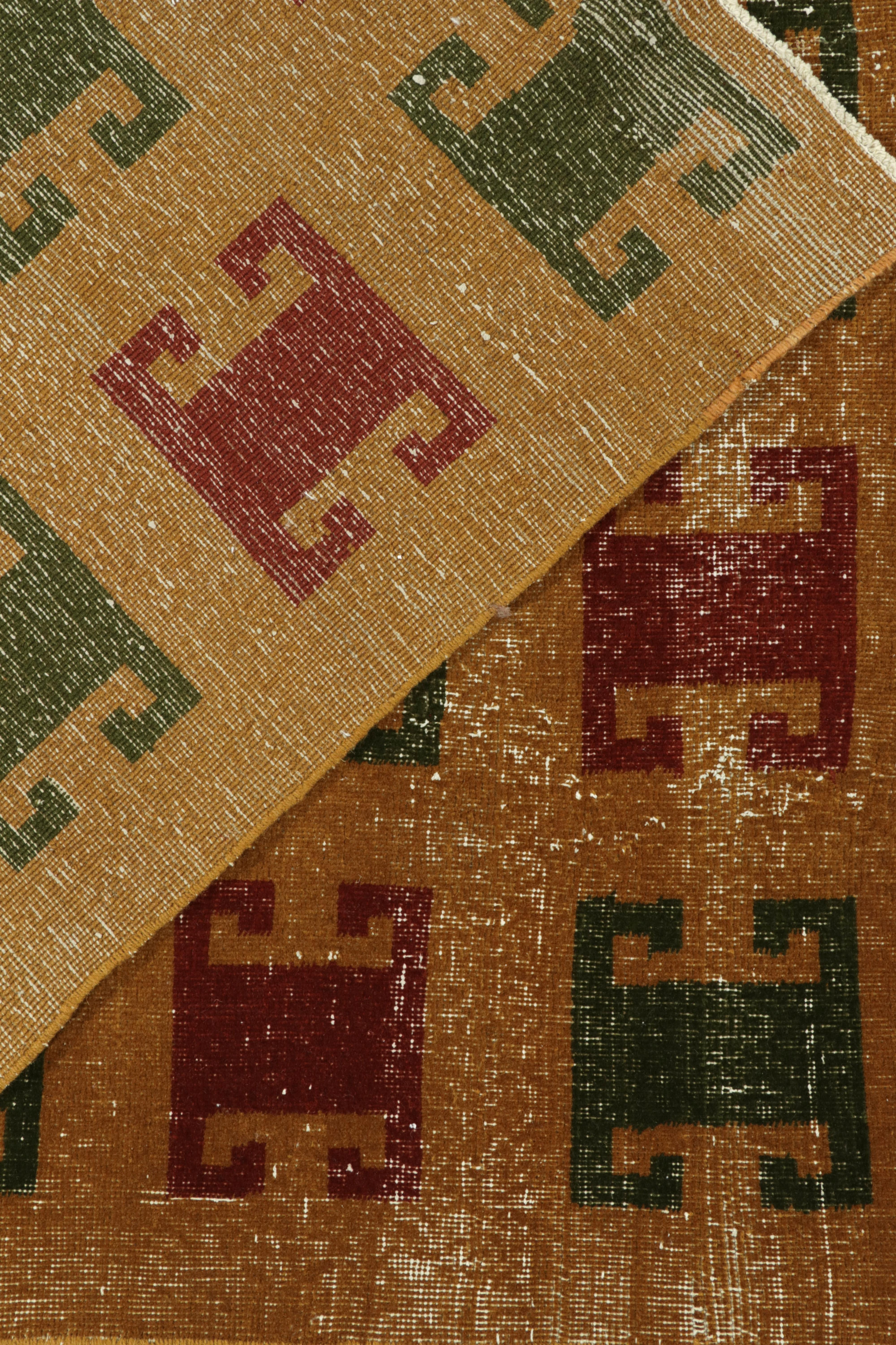 1960s Vintage Distressed Rug in Gold, Red Green Geometric Pattern by Rug & Kilim In Good Condition For Sale In Long Island City, NY