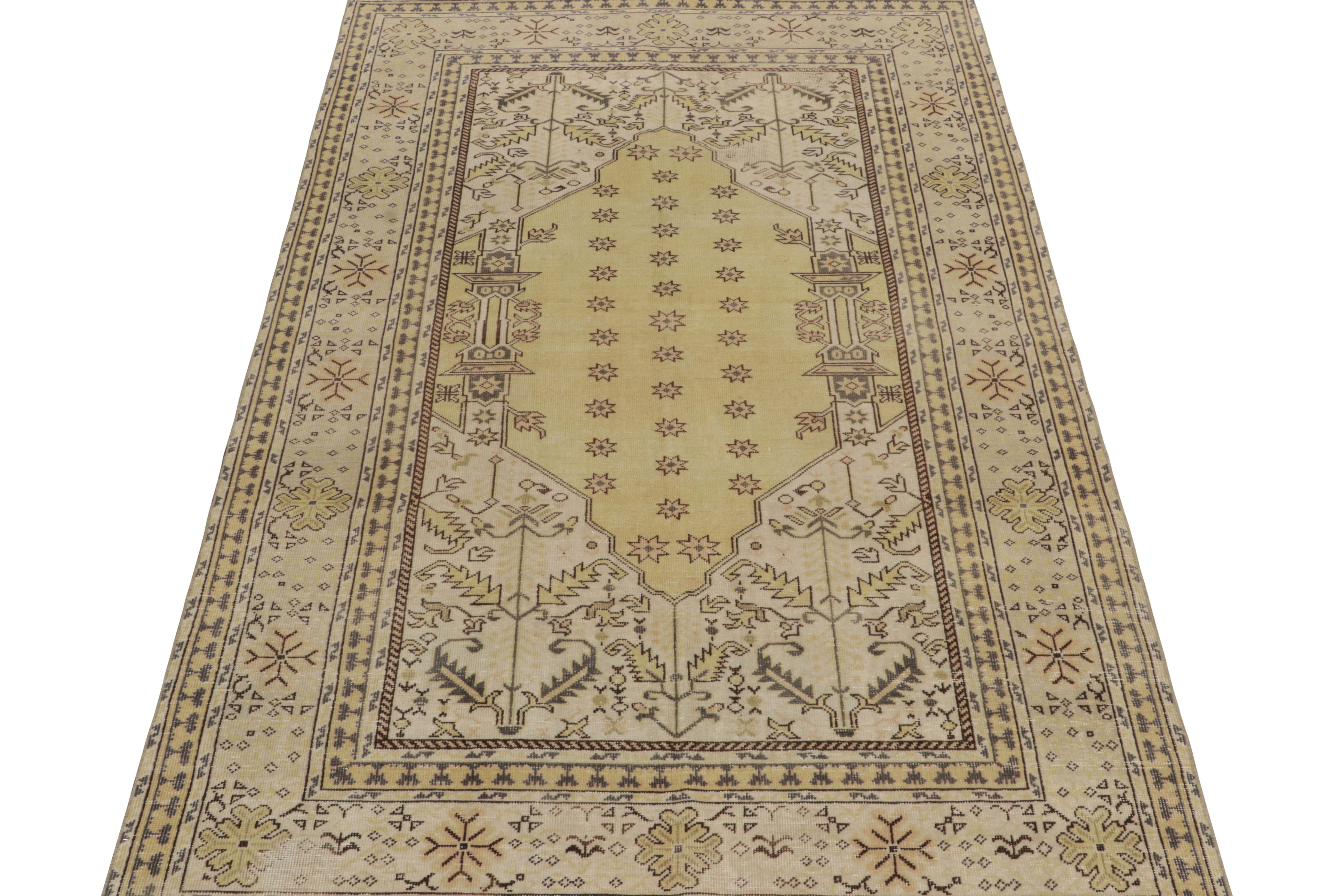 Turkish 1960s Vintage Distressed Rug in Gold, White Geometric Pattern by Rug & Kilim For Sale