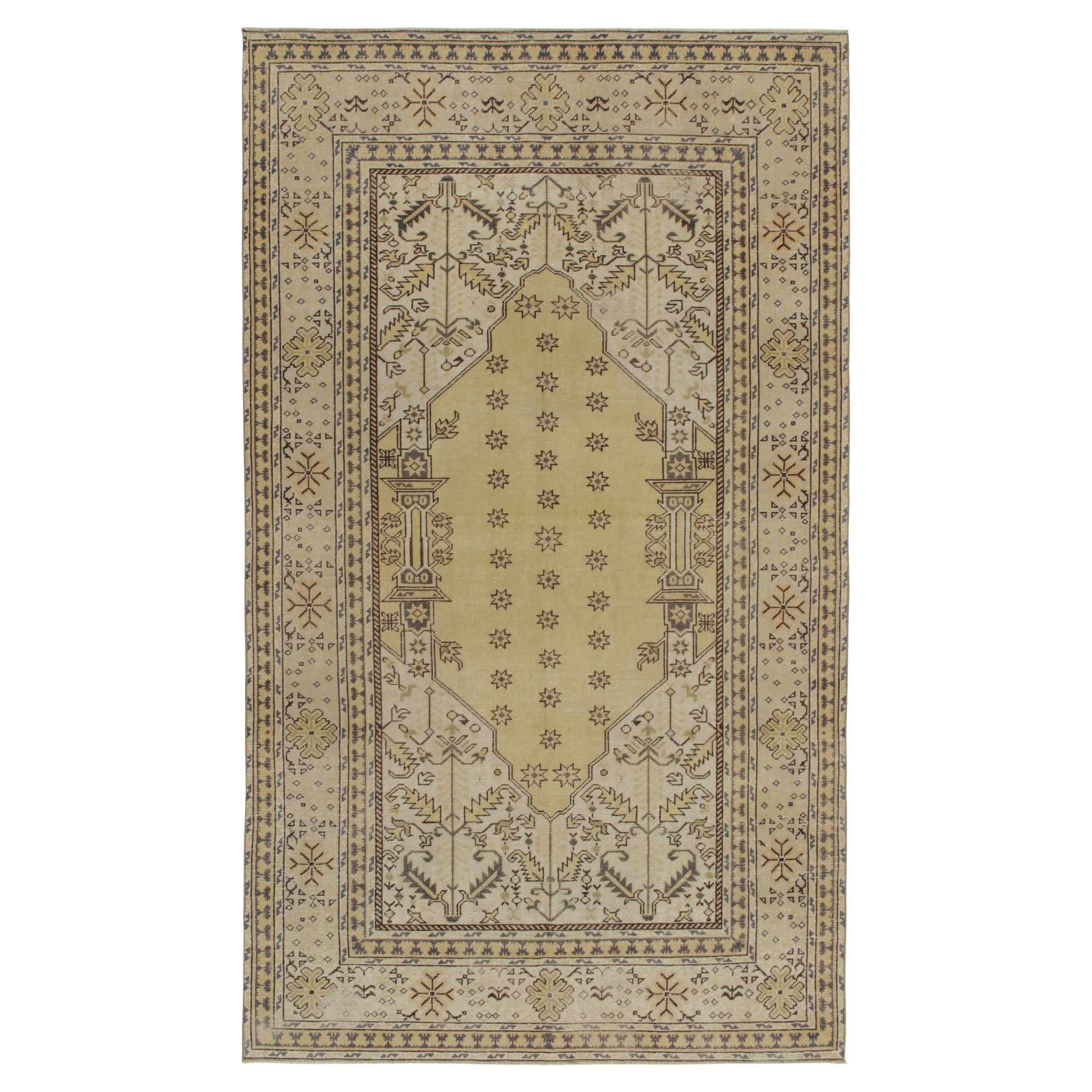 1960s Vintage Distressed Rug in Gold, White Geometric Pattern by Rug & Kilim