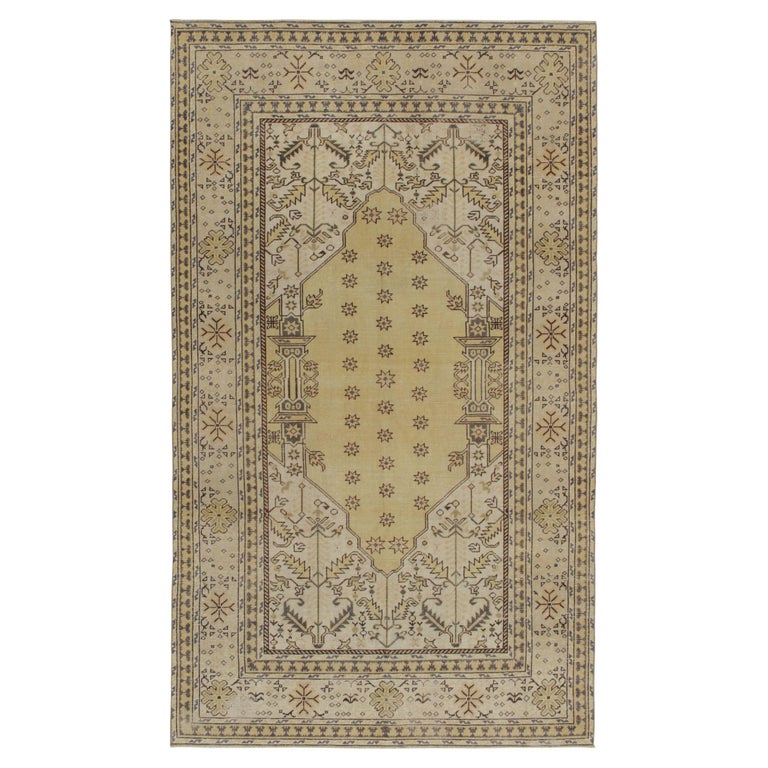 1960s Vintage Distressed Rug in Gold, White Geometric Pattern by Rug ...