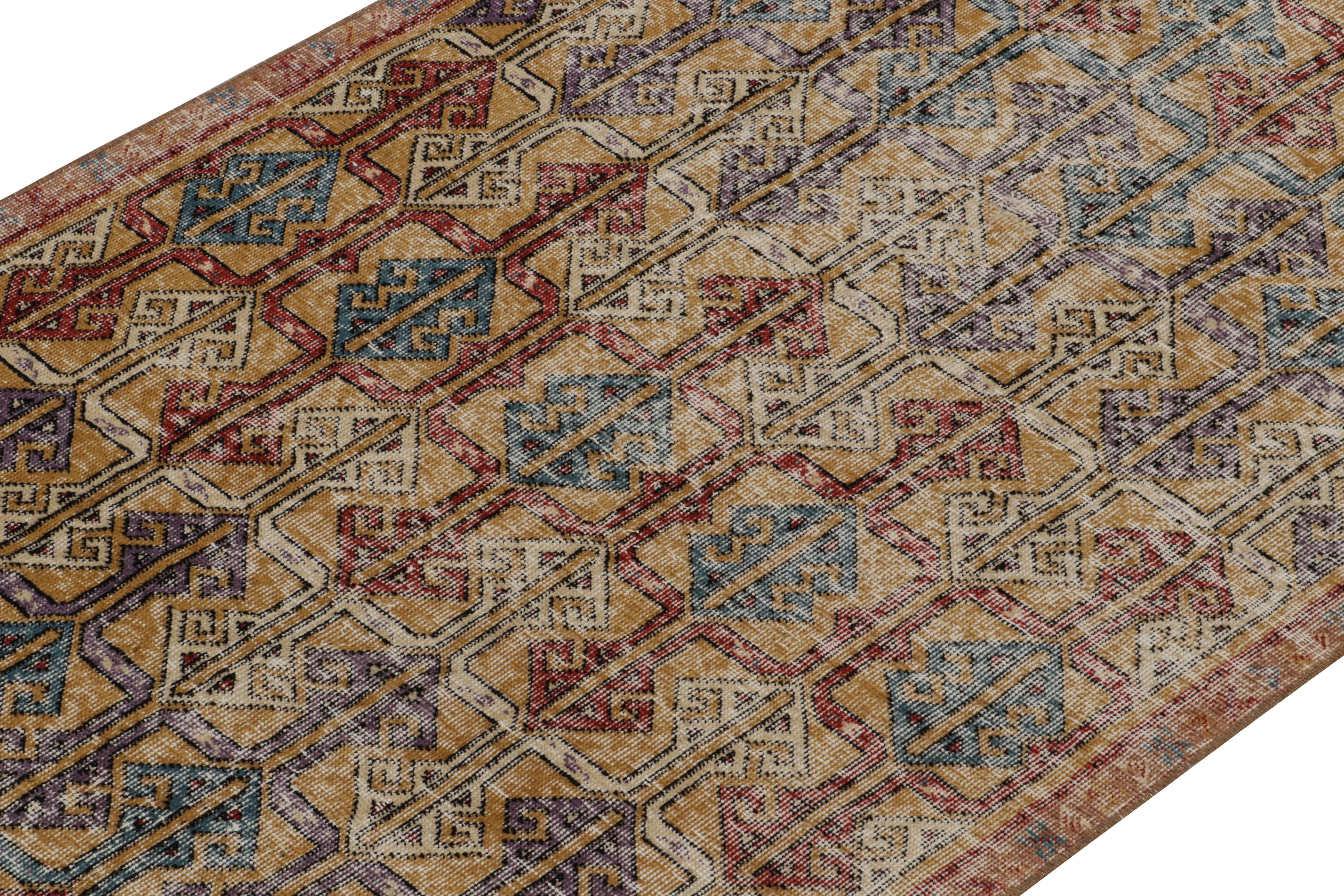 Hand-Knotted 1960s Vintage Distressed Rug in Golden-Brown Geometric Patterns by Rug & Kilim For Sale