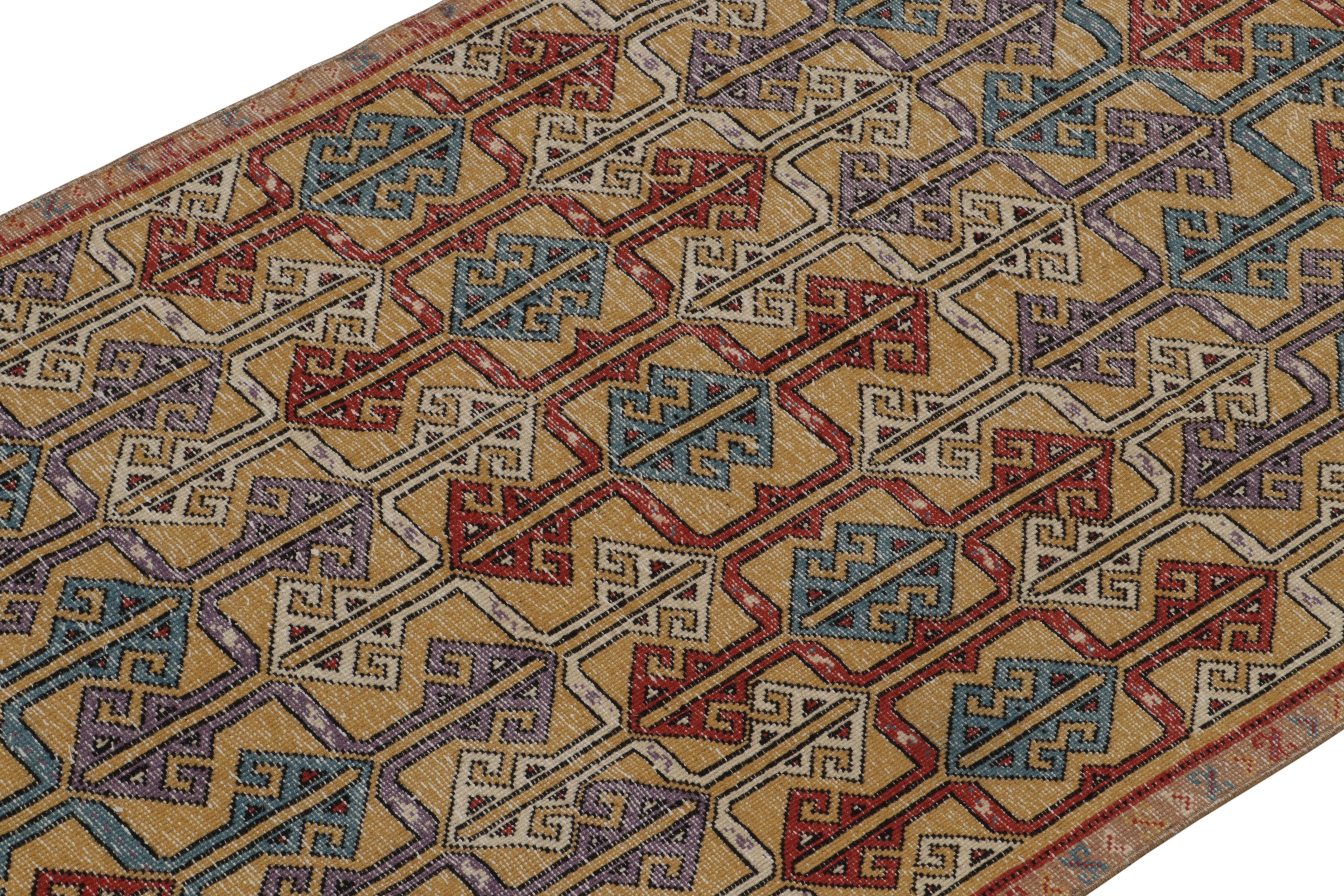 Hand-Knotted 1960s Vintage Distressed Rug Gold-Brown & Red Geometric Pattern by Rug & Kilim For Sale