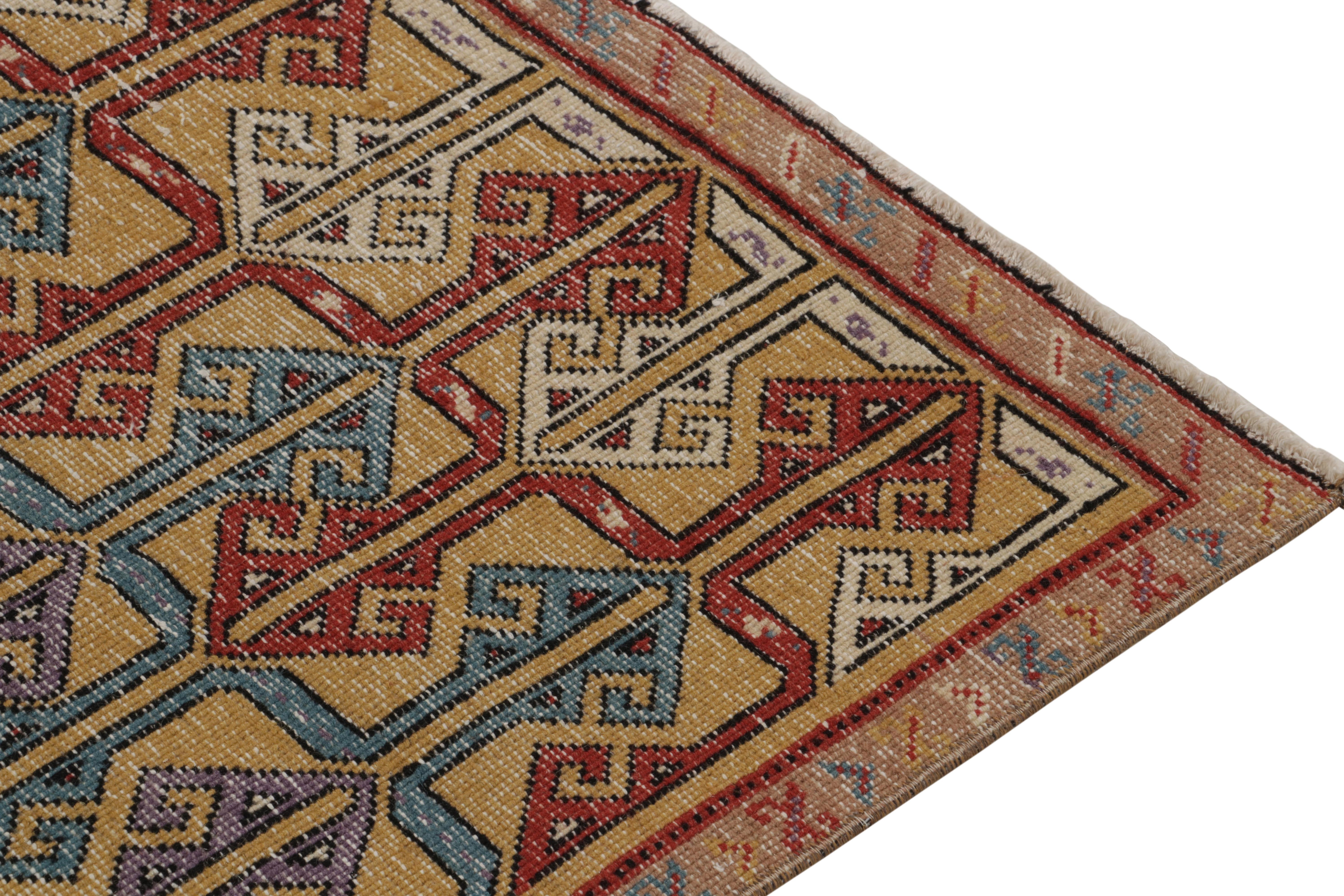 1960s Vintage Distressed Rug Gold-Brown & Red Geometric Pattern by Rug & Kilim In Good Condition For Sale In Long Island City, NY
