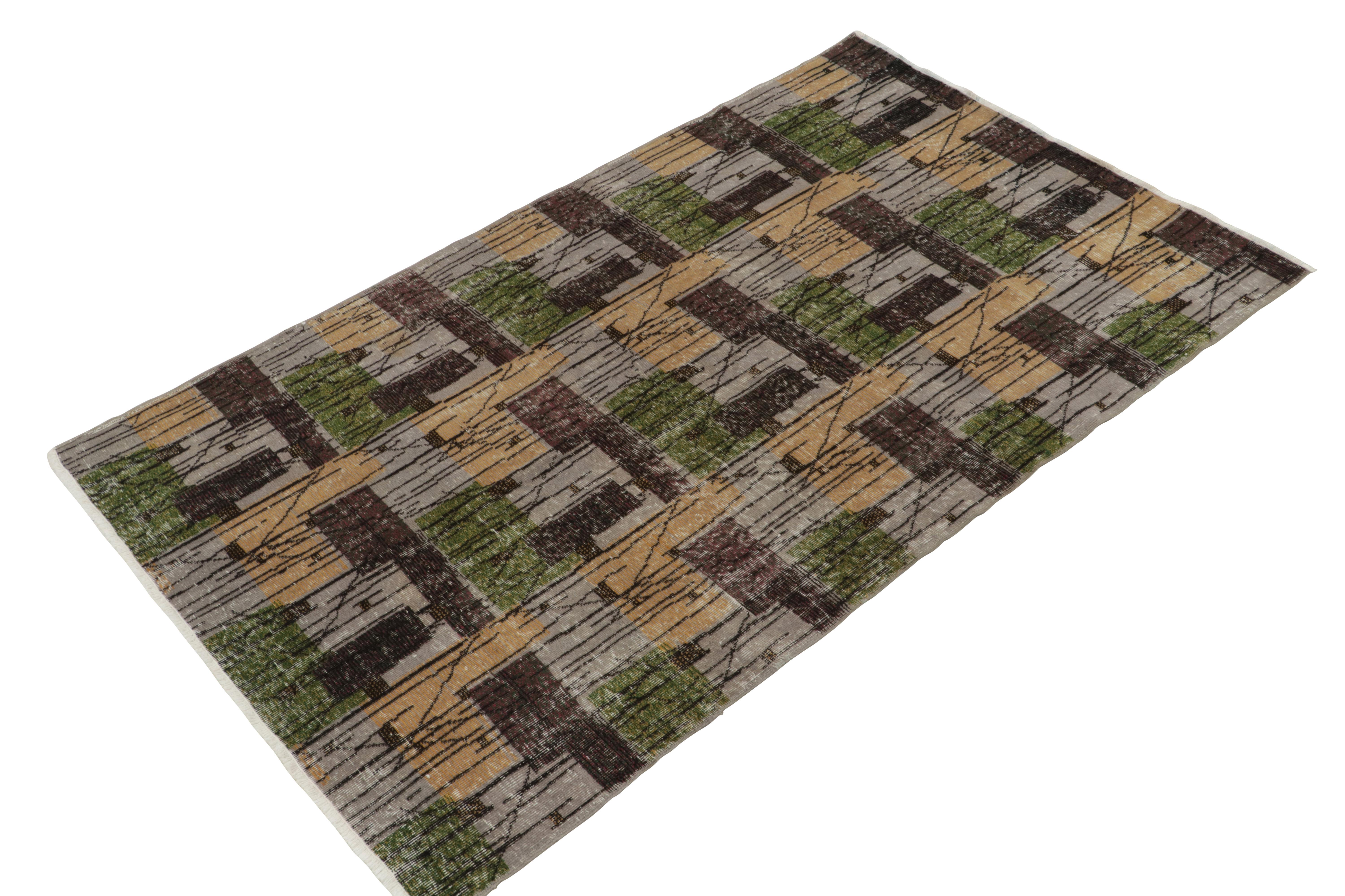 Art Deco 1960s Vintage Distressed Rug in Gray Brown and Green Deco Pattern by Rug & Kilim For Sale