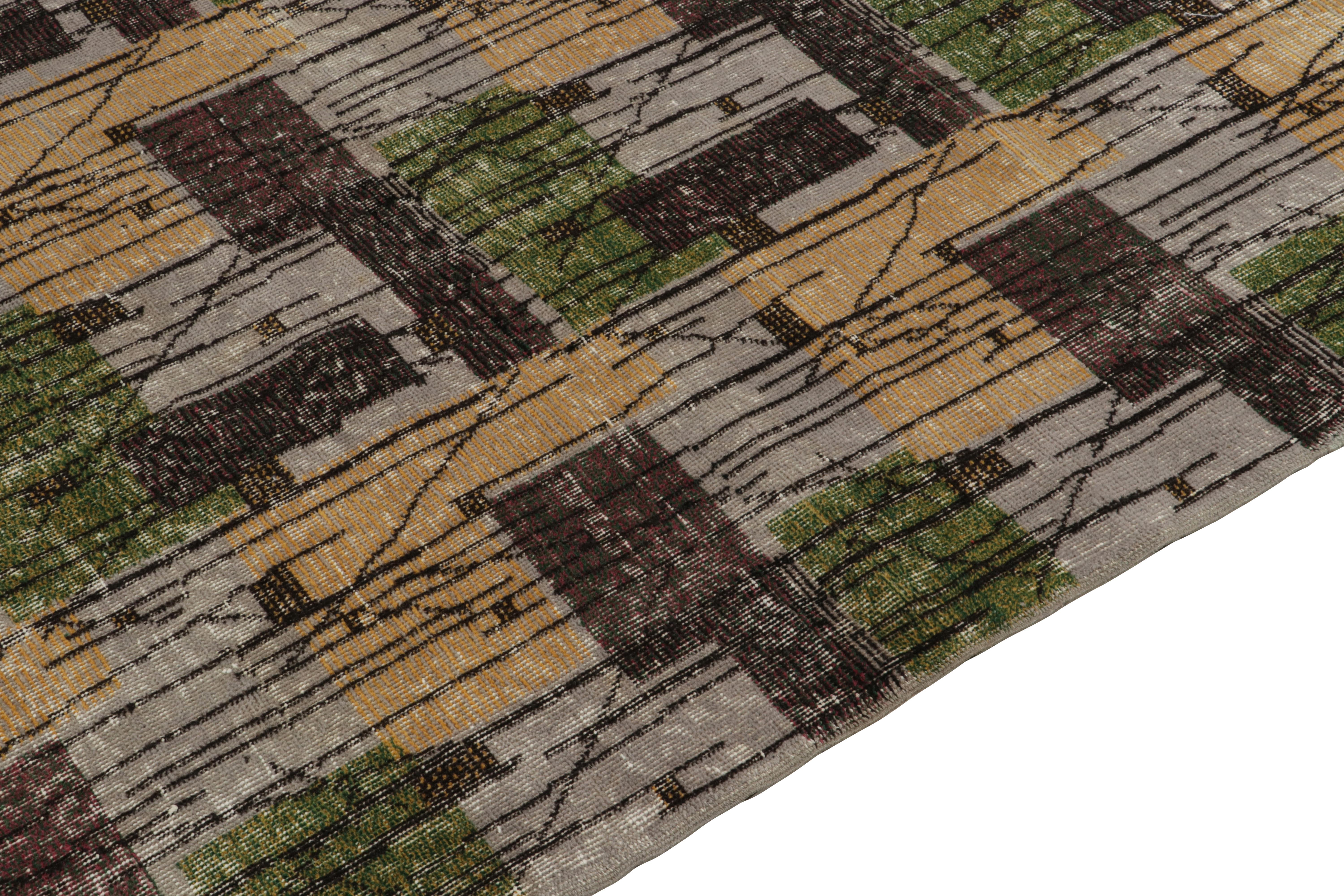 Turkish 1960s Vintage Distressed Rug in Gray Brown and Green Deco Pattern by Rug & Kilim For Sale