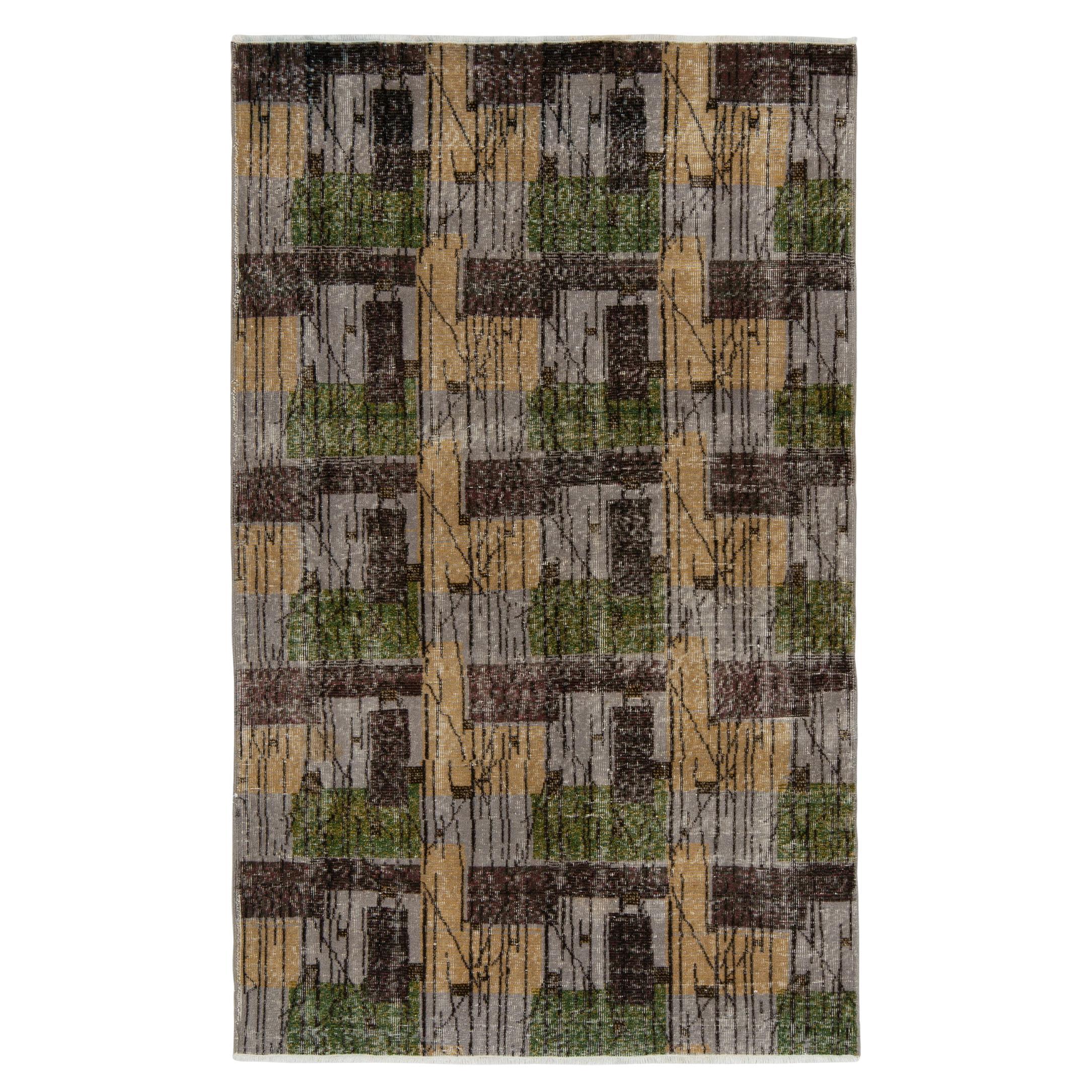 1960s Vintage Distressed Rug in Gray Brown and Green Deco Pattern by Rug & Kilim For Sale