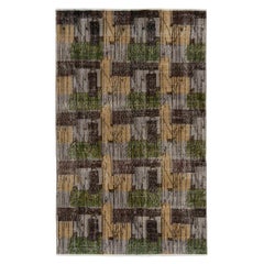 1960s Vintage Distressed Rug in Gray Brown and Green Deco Pattern by Rug & Kilim