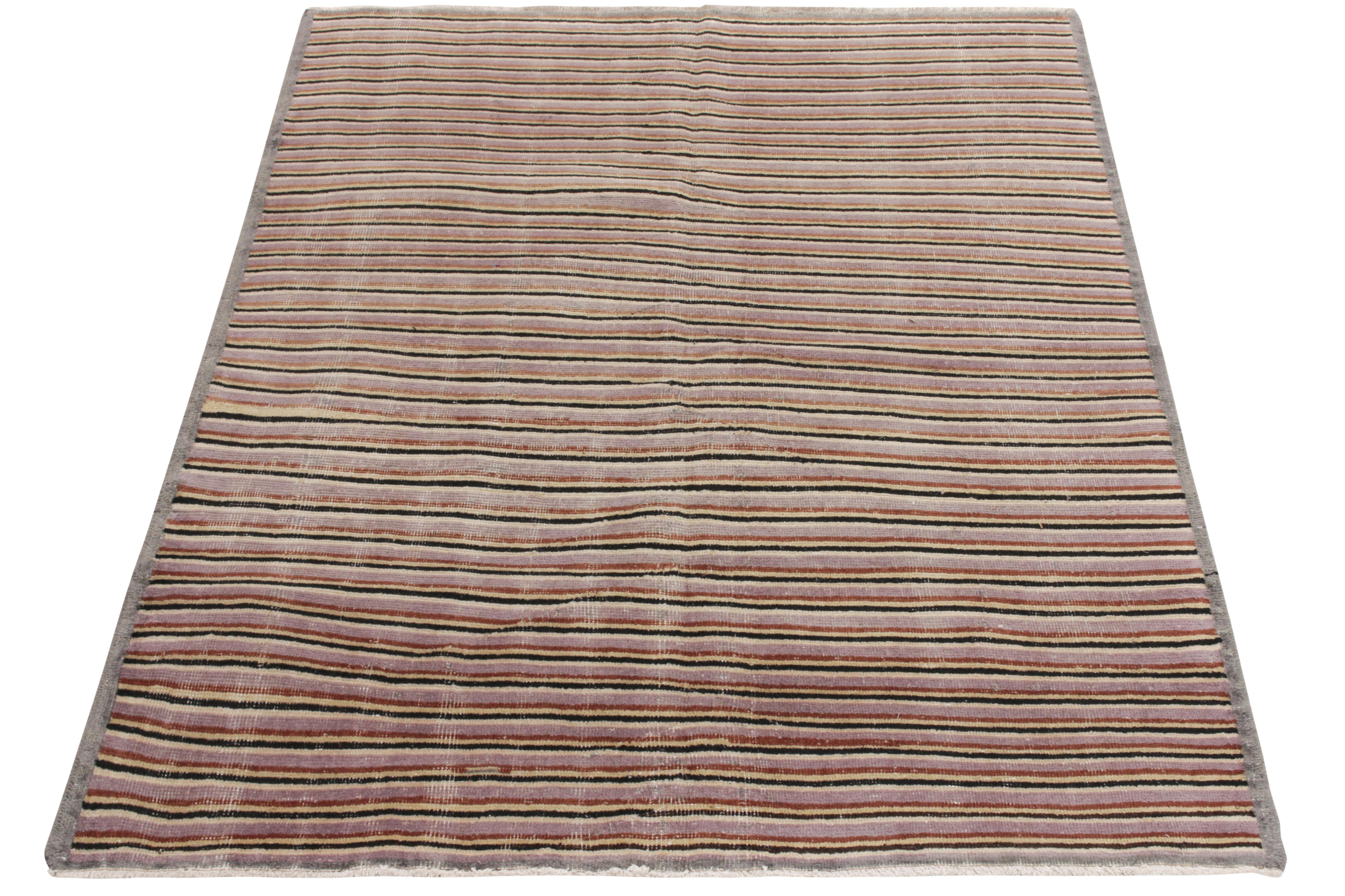 Mid-Century Modern 1960s Vintage Distressed Rug in Gray, Brown Striped Pattern by Rug & Kilim For Sale