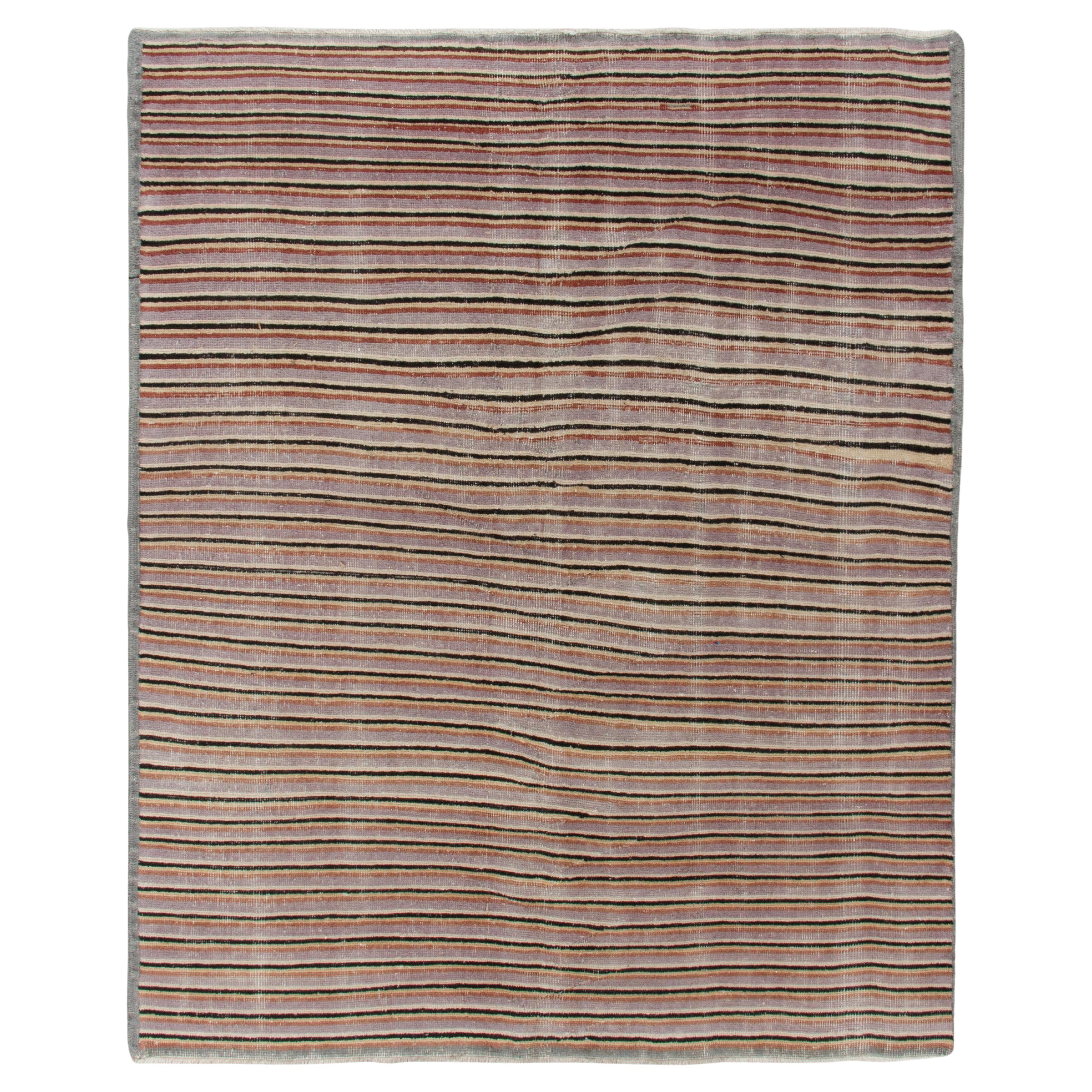 1960s Vintage Distressed Rug in Gray, Brown Striped Pattern by Rug & Kilim