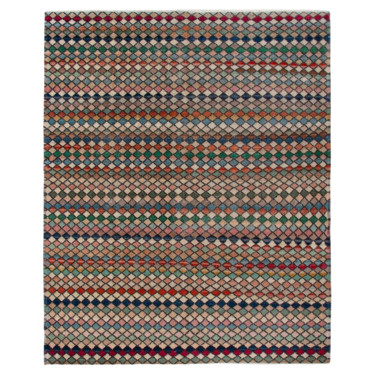 1960s Vintage Distressed Rug in Multi Colored Diamond Pattern by Rug and Kilim For Sale at 1stDibs