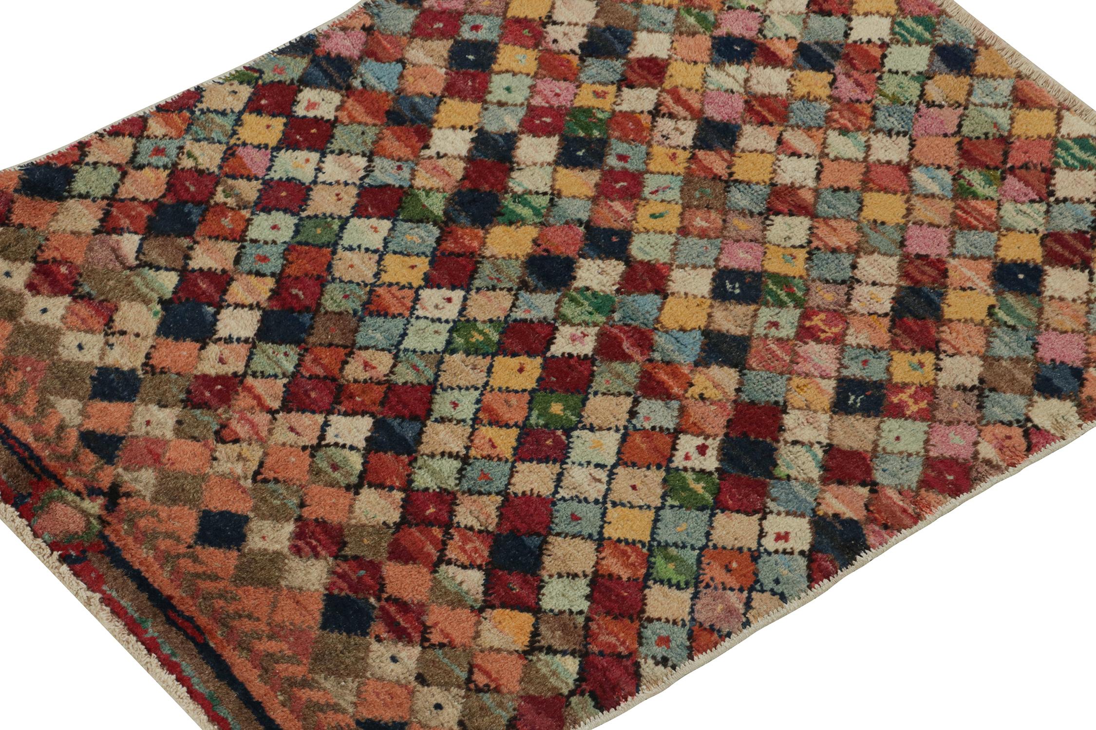 A vintage 2x3 rug from the Mid-Century Pasha Collection by Rug & Kilim—curating works of multi-disciplinary Turkish artist, Zeki Müren. 

On the Design: The piece embodies, if not exemplifies, the innovative style of Müren’s “industrial Art Deco”