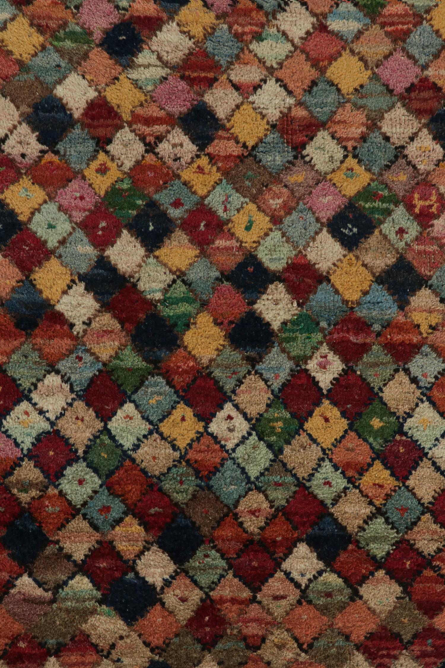 1960s, Vintage Distressed Rug in Multicolor Diamond Patterns by Rug & Kilim In Good Condition For Sale In Long Island City, NY