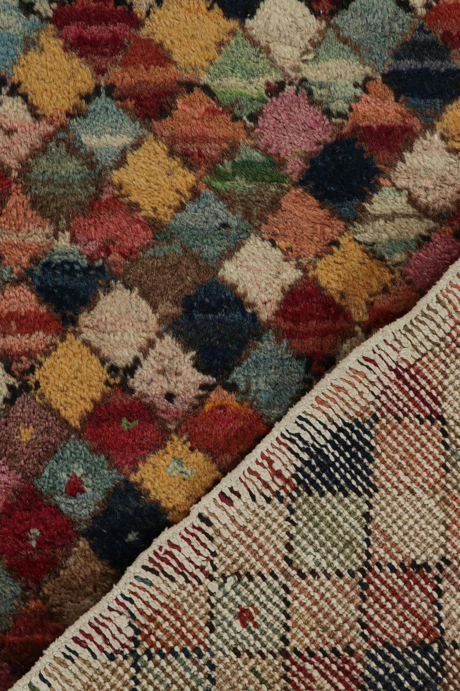 Mid-20th Century 1960s, Vintage Distressed Rug in Multicolor Diamond Patterns by Rug & Kilim For Sale
