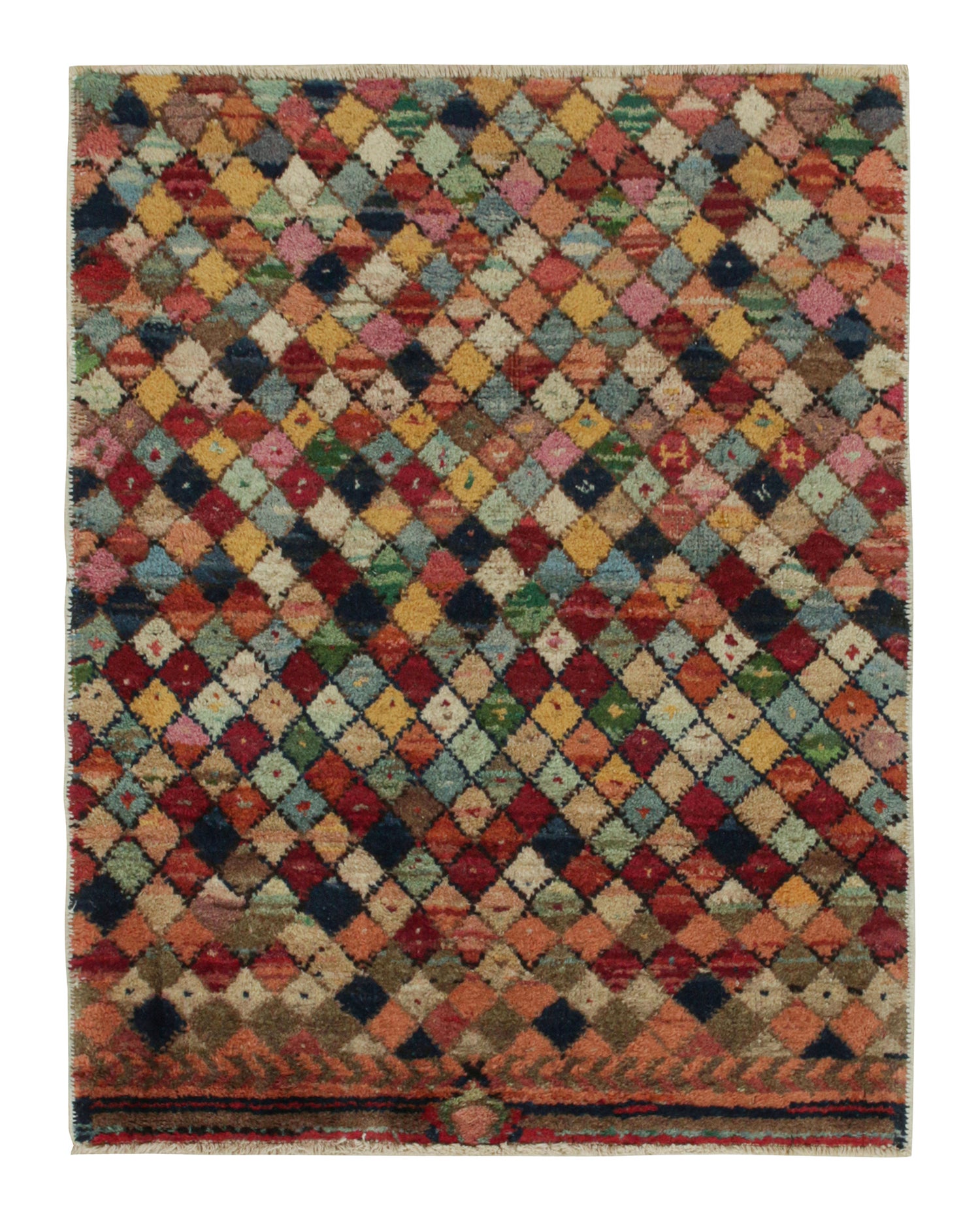 1960s, Vintage Distressed Rug in Multicolor Diamond Patterns by Rug & Kilim