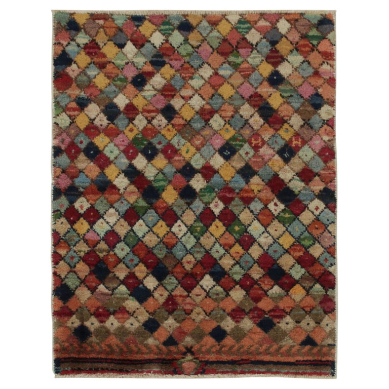 1960s, Vintage Distressed Rug in Multicolor Diamond Patterns by Rug and ...