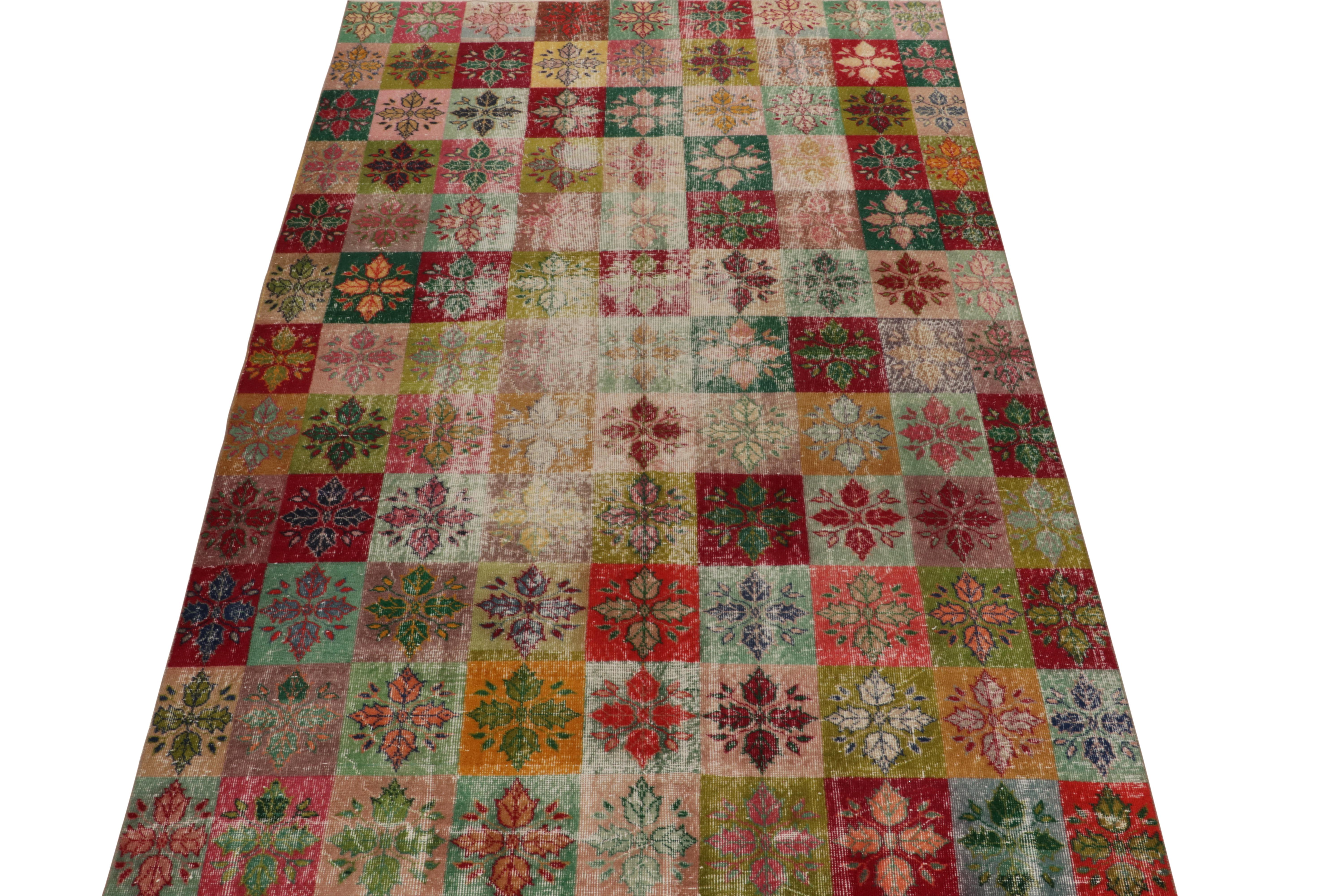 From a venerated Turkish designer, a 6x10 vintage rug of the 1960s—now joining our Mid Century Pasha collection. 

The boho chic design enjoys a graceful multicolor geometric pattern of checkers with floral motifs, enjoying a brilliant movement in