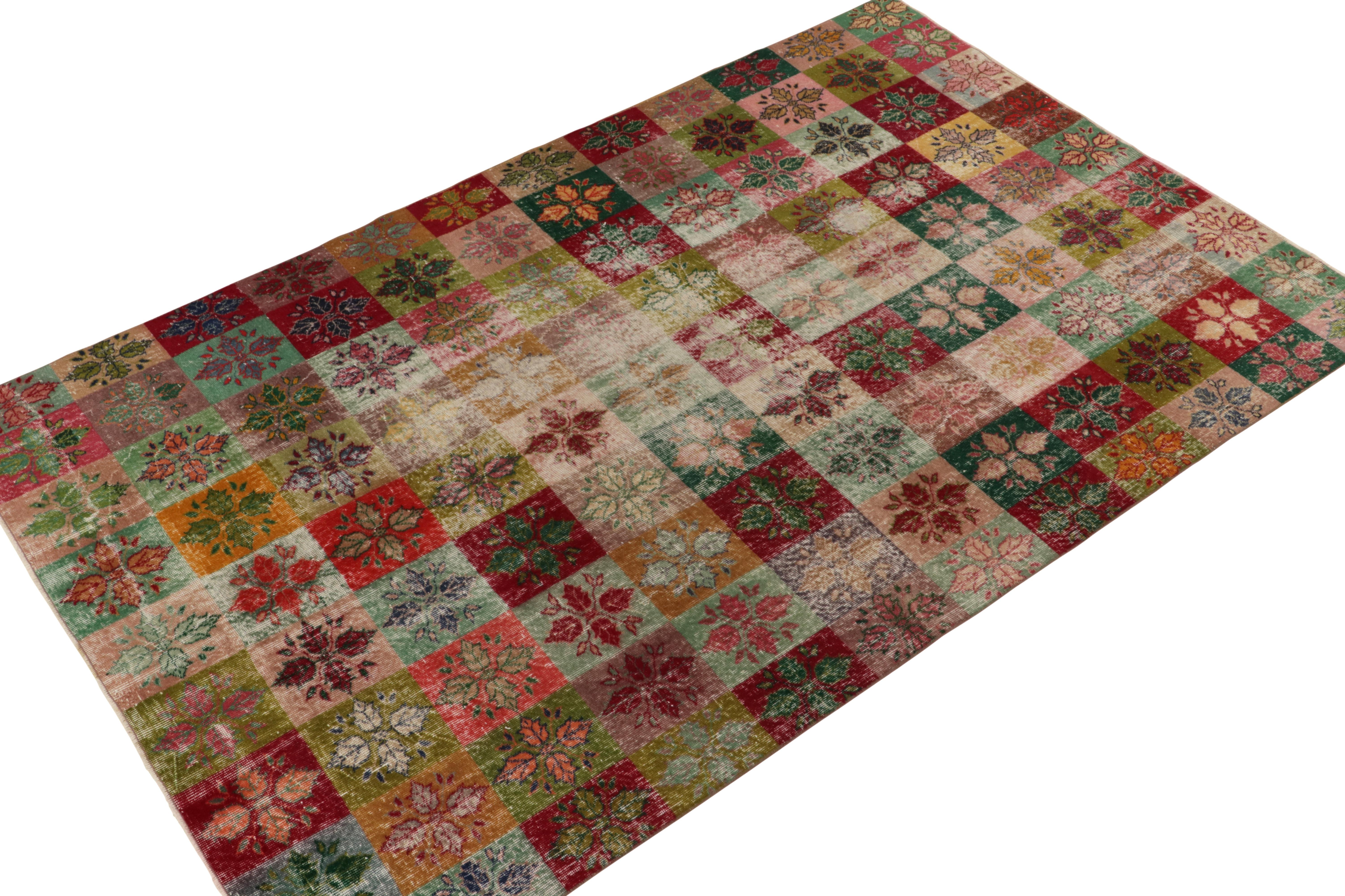Art Deco 1960s Vintage Distressed Rug in Multicolor Geometric Pattern by Rug & Kilim For Sale