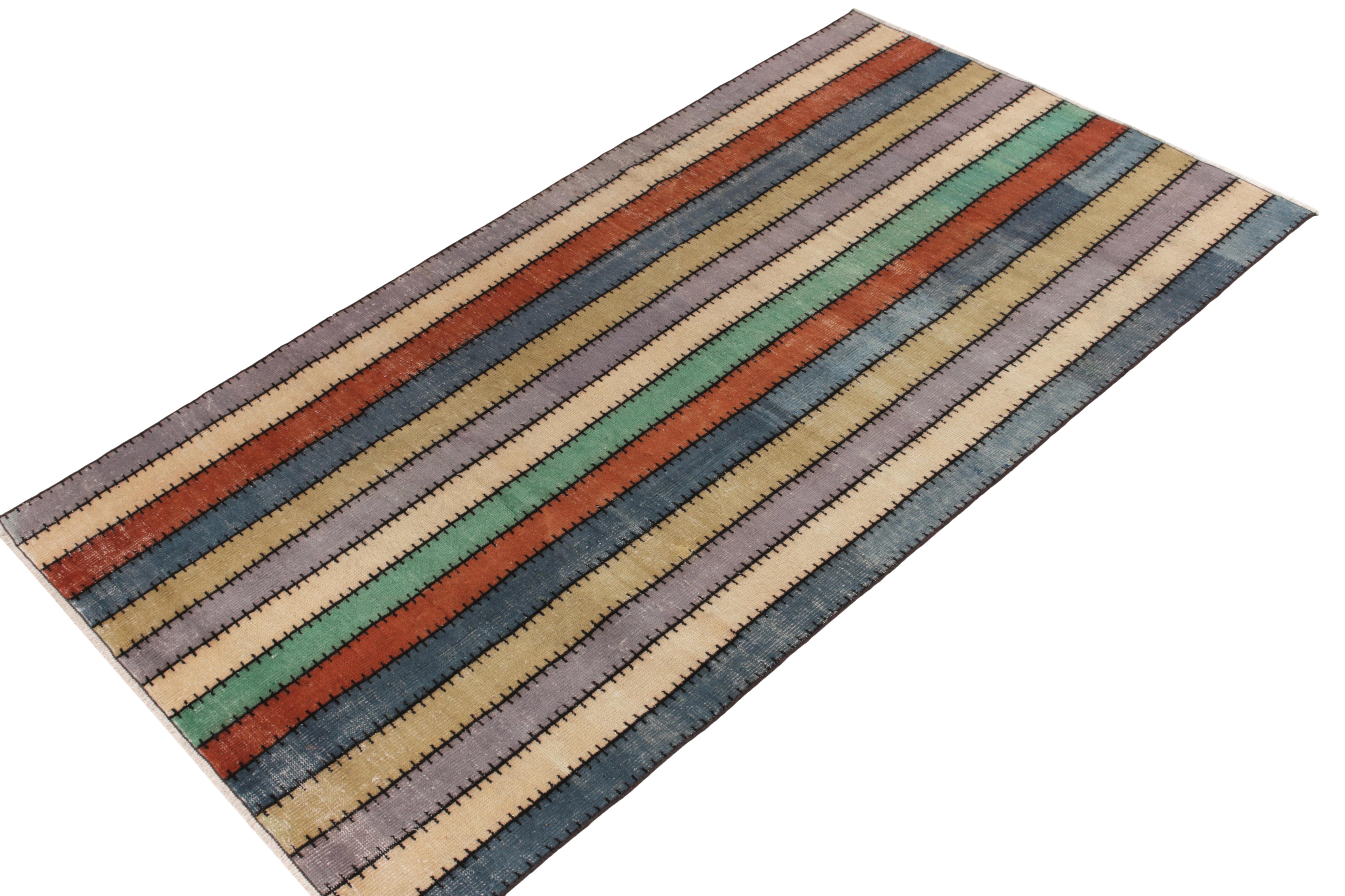Mid-Century Modern 1960s Vintage Distressed Rug in Multicolor Striped Pattern by Rug & Kilim For Sale