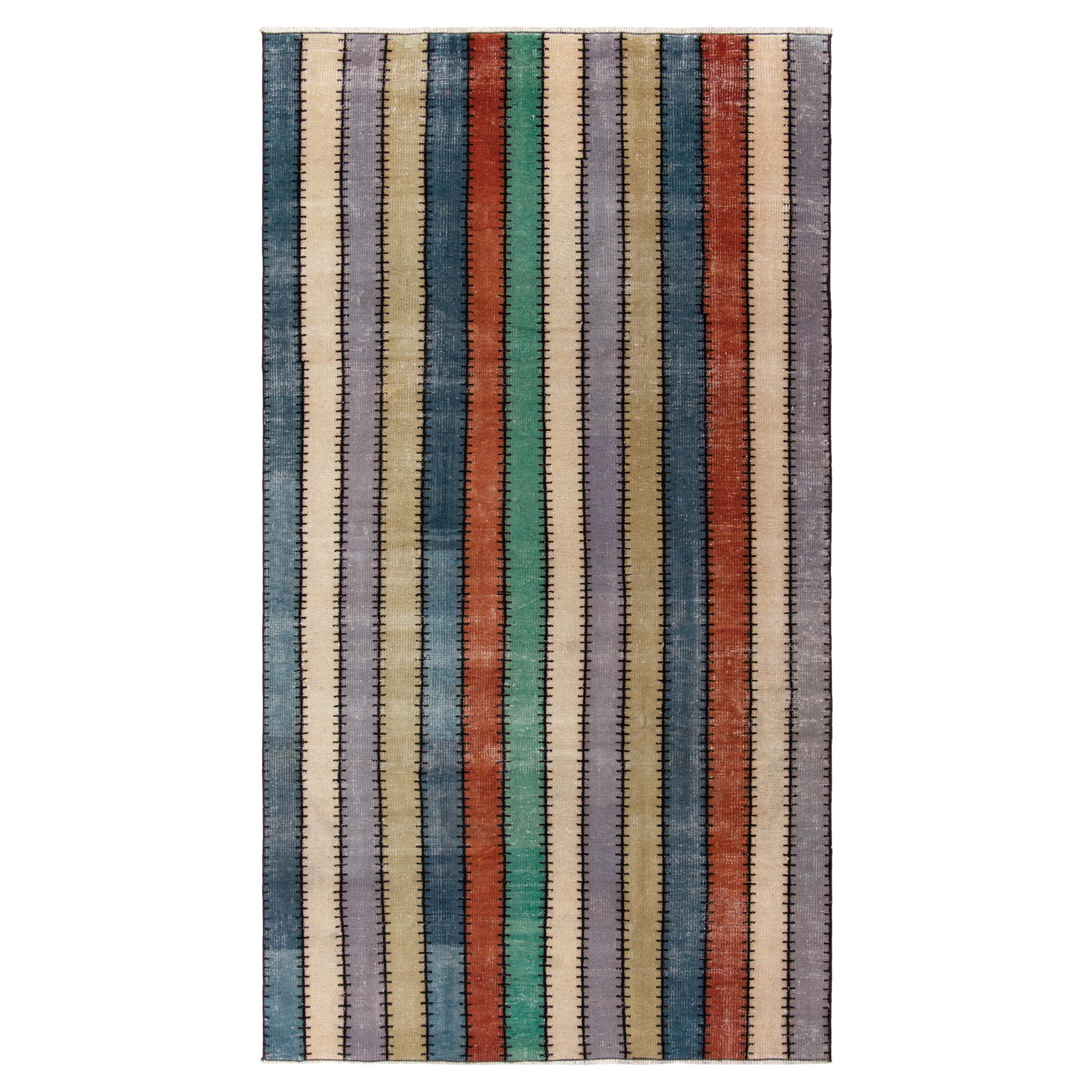1960s Vintage Distressed Rug in Multicolor Striped Pattern by Rug & Kilim For Sale
