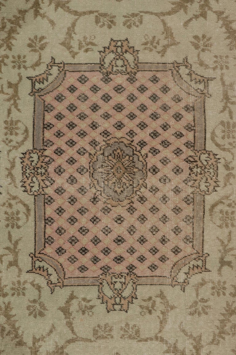 1960s Vintage Distressed Rug in Pink and Beige Floral Pattern by Rug