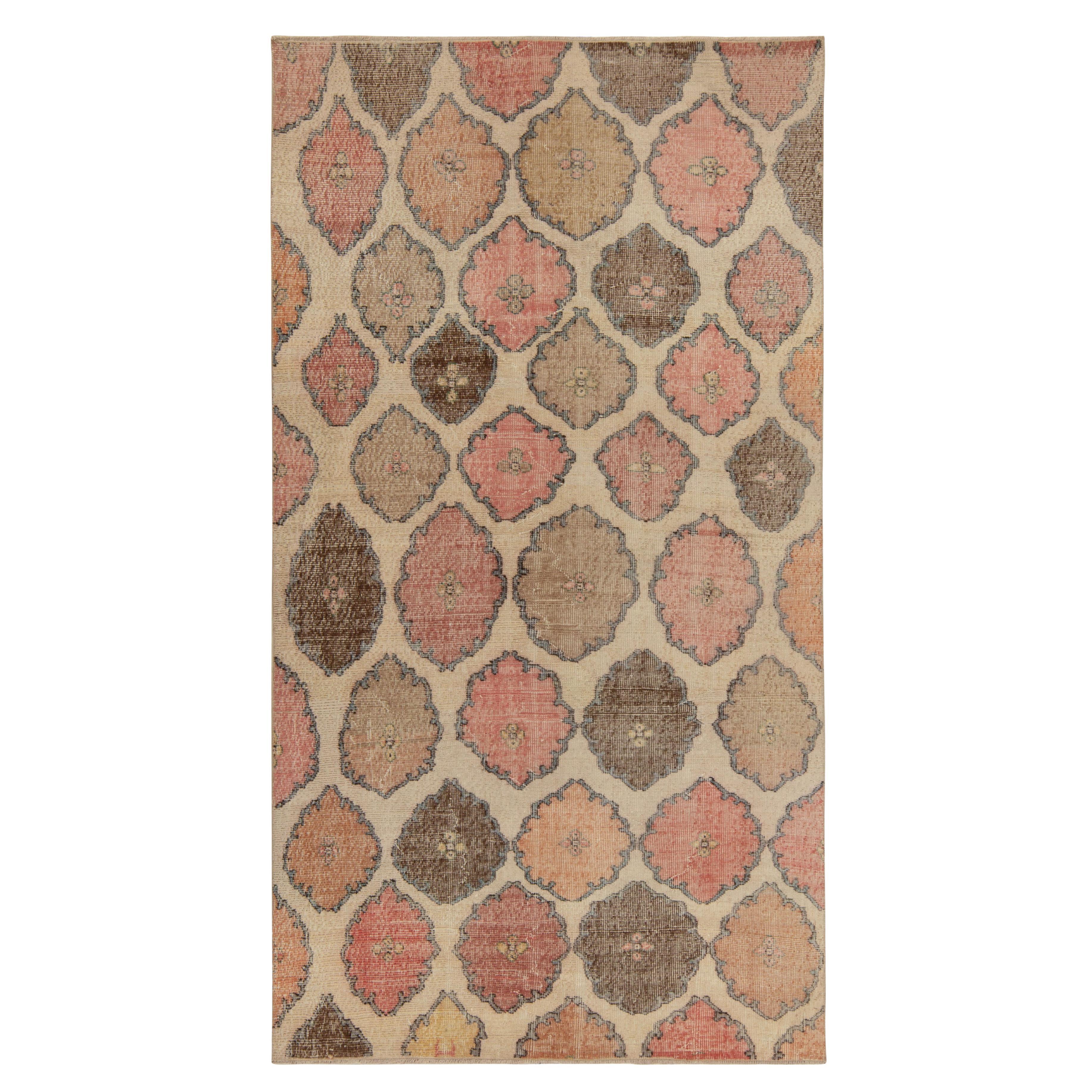 1960s Vintage Distressed Rug in Pink and Brown Geometric Pattern by Rug & Kilim For Sale