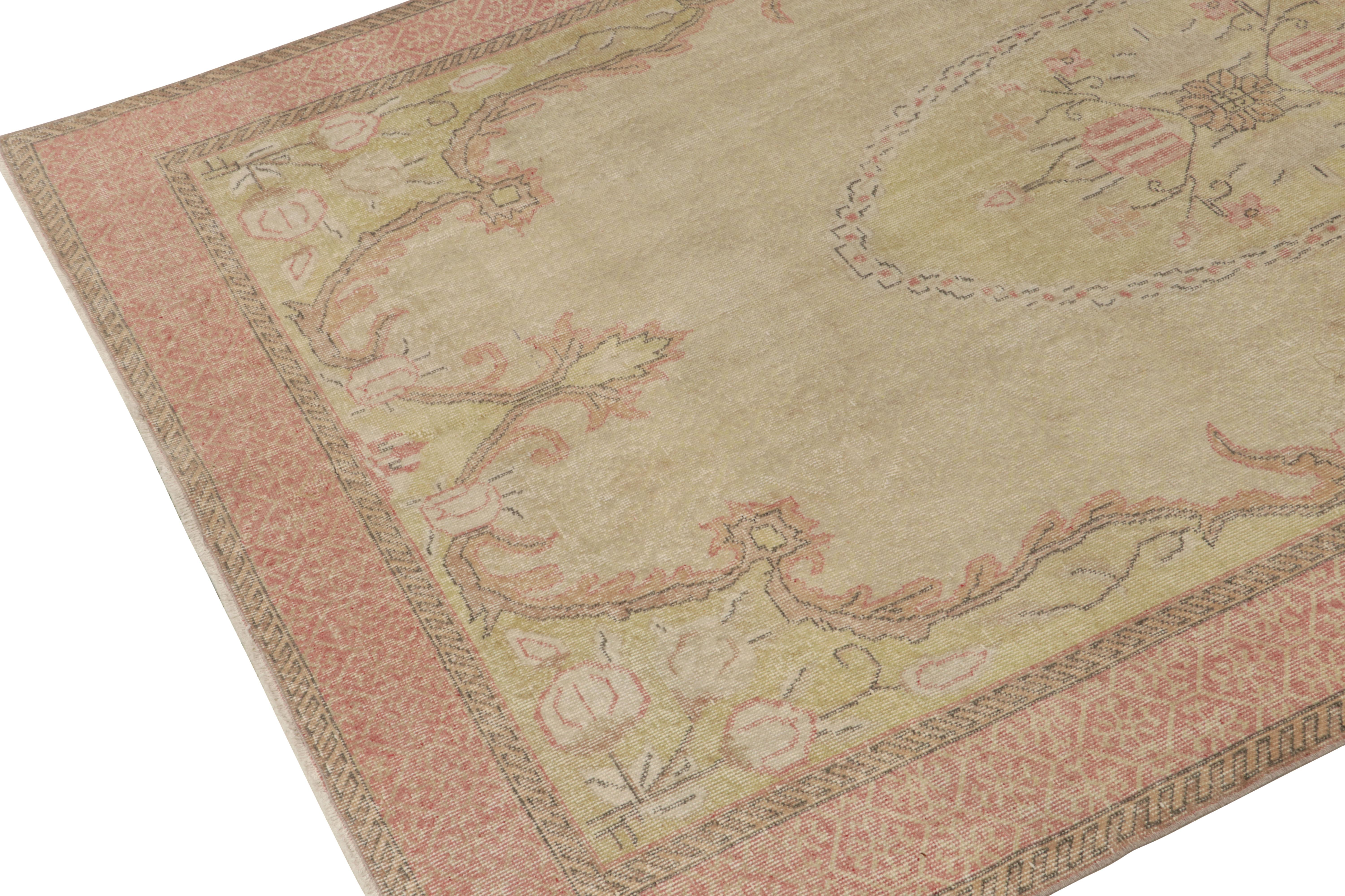 Hand-Knotted 1960s Vintage Distressed Rug in Beige Floral Medallion Patterns by Rug & Kilim For Sale