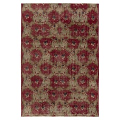1960s Retro Distressed Rug in Red, Beige, Green Floral Patterns by Rug & Kilim