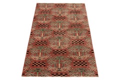 1960s Vintage Distressed Rug in Red, Green, Art Deco Pattern by Rug & Kilim
