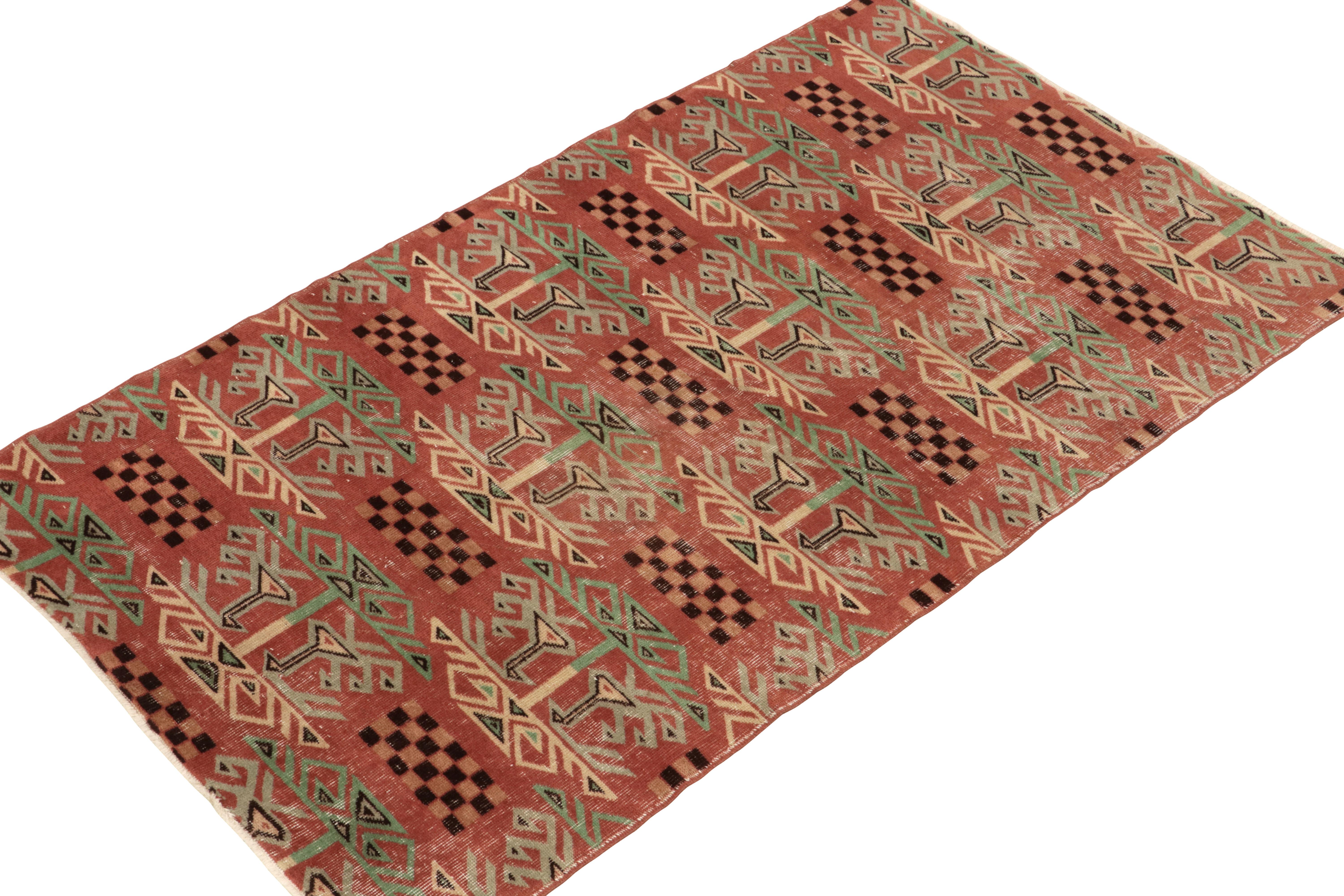 Turkish 1960s Vintage Distressed Rug in Red, Green, Art Deco Pattern by Rug & Kilim For Sale