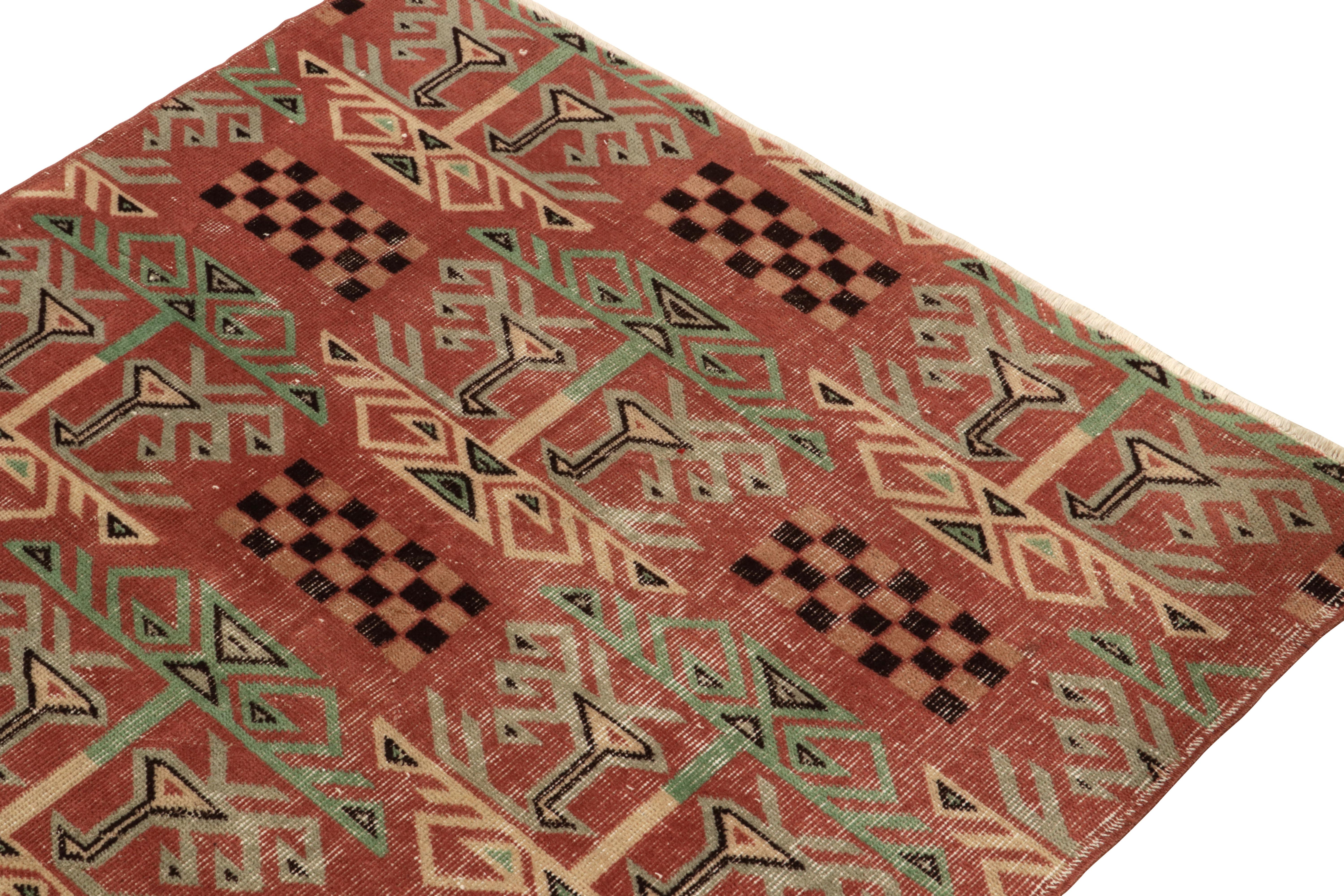 Hand-Knotted 1960s Vintage Distressed Rug in Red, Green, Art Deco Pattern by Rug & Kilim For Sale