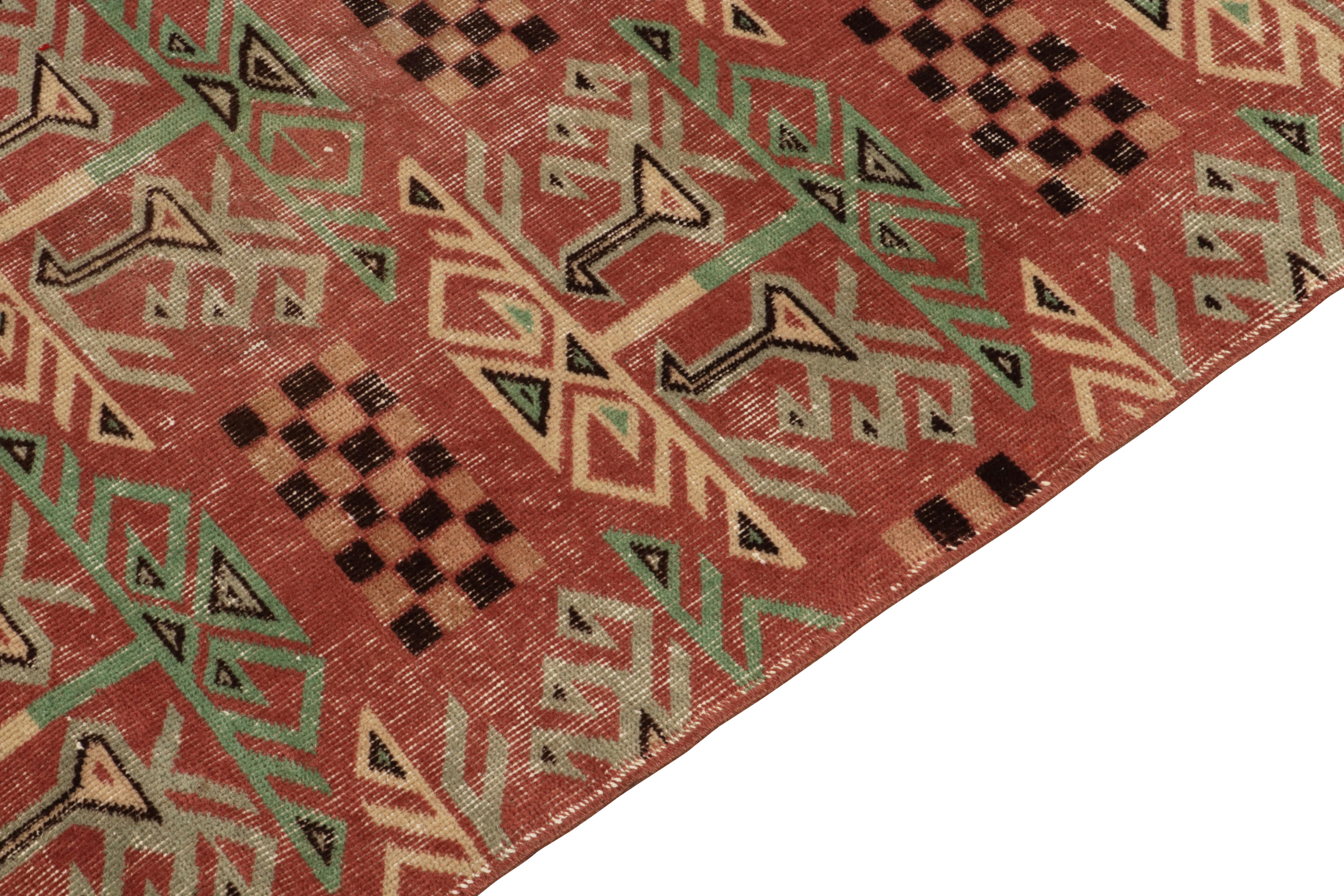 1960s Vintage Distressed Rug in Red, Green, Art Deco Pattern by Rug & Kilim In Good Condition For Sale In Long Island City, NY