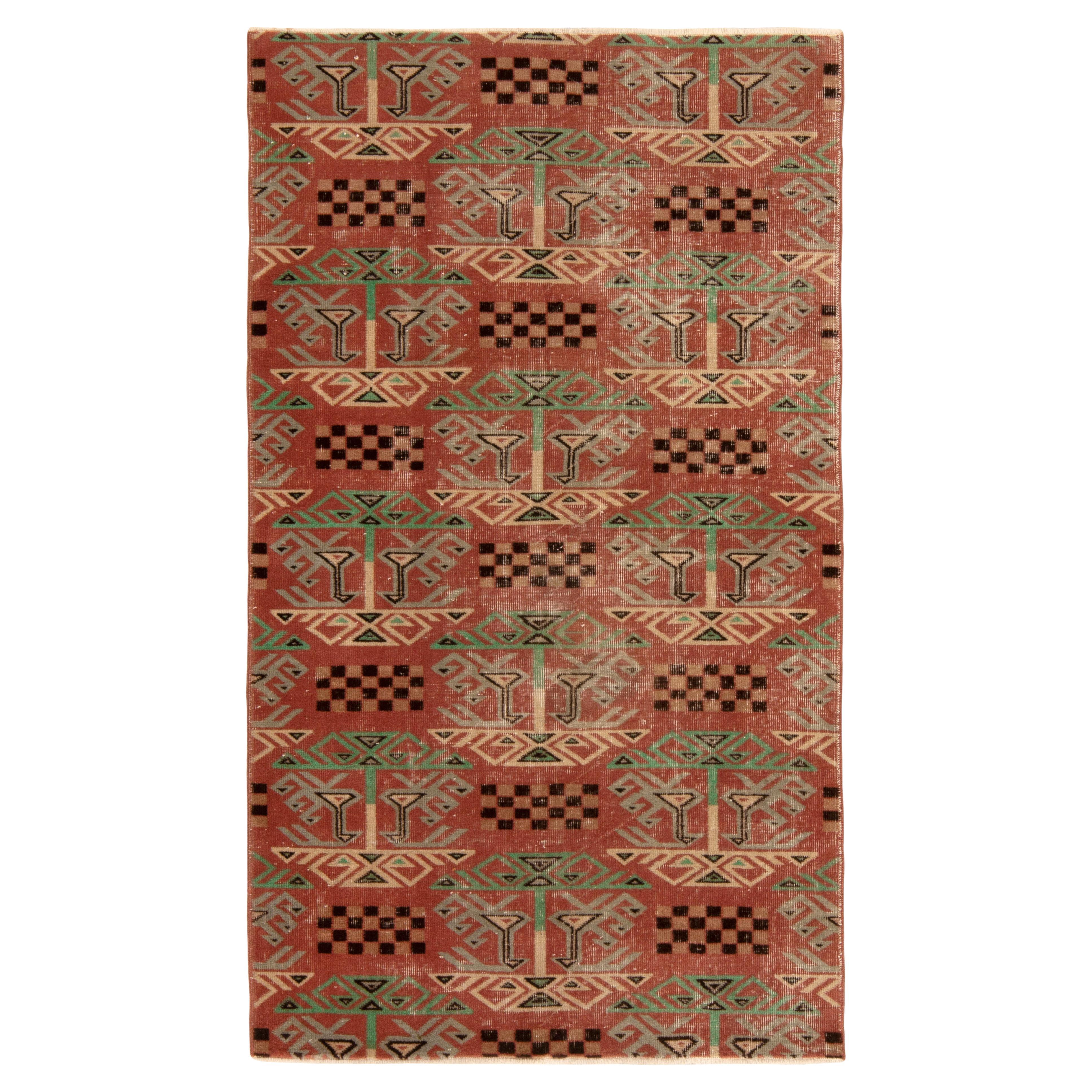 1960s Vintage Distressed Rug in Red, Green, Art Deco Pattern by Rug & Kilim For Sale