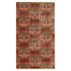 1960s Vintage Distressed Rug in Red, Green, Art Deco Pattern