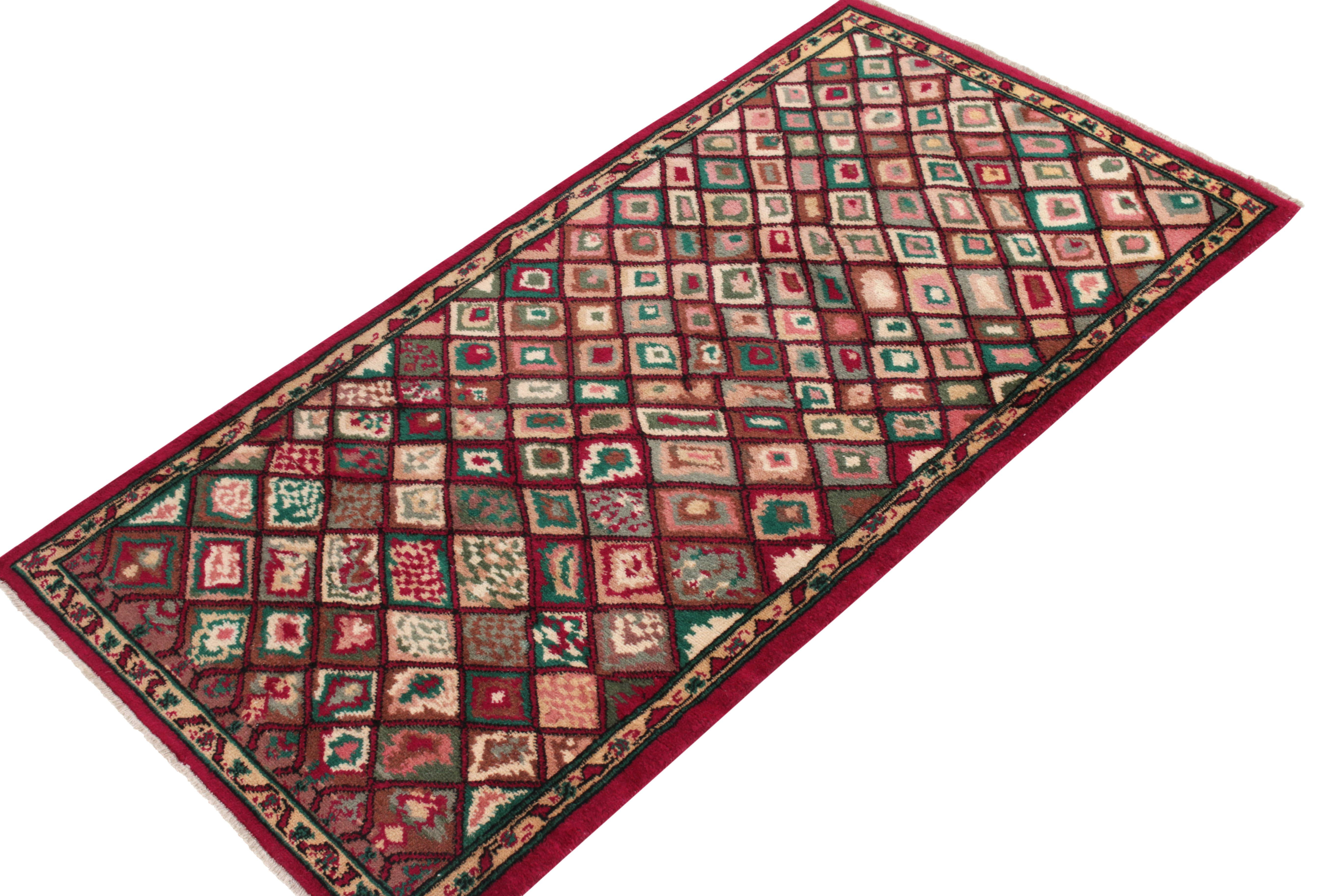 Mid-Century Modern 1960s Vintage Distressed Rug in Red & Green Geometric Pattern by Rug & Kilim For Sale