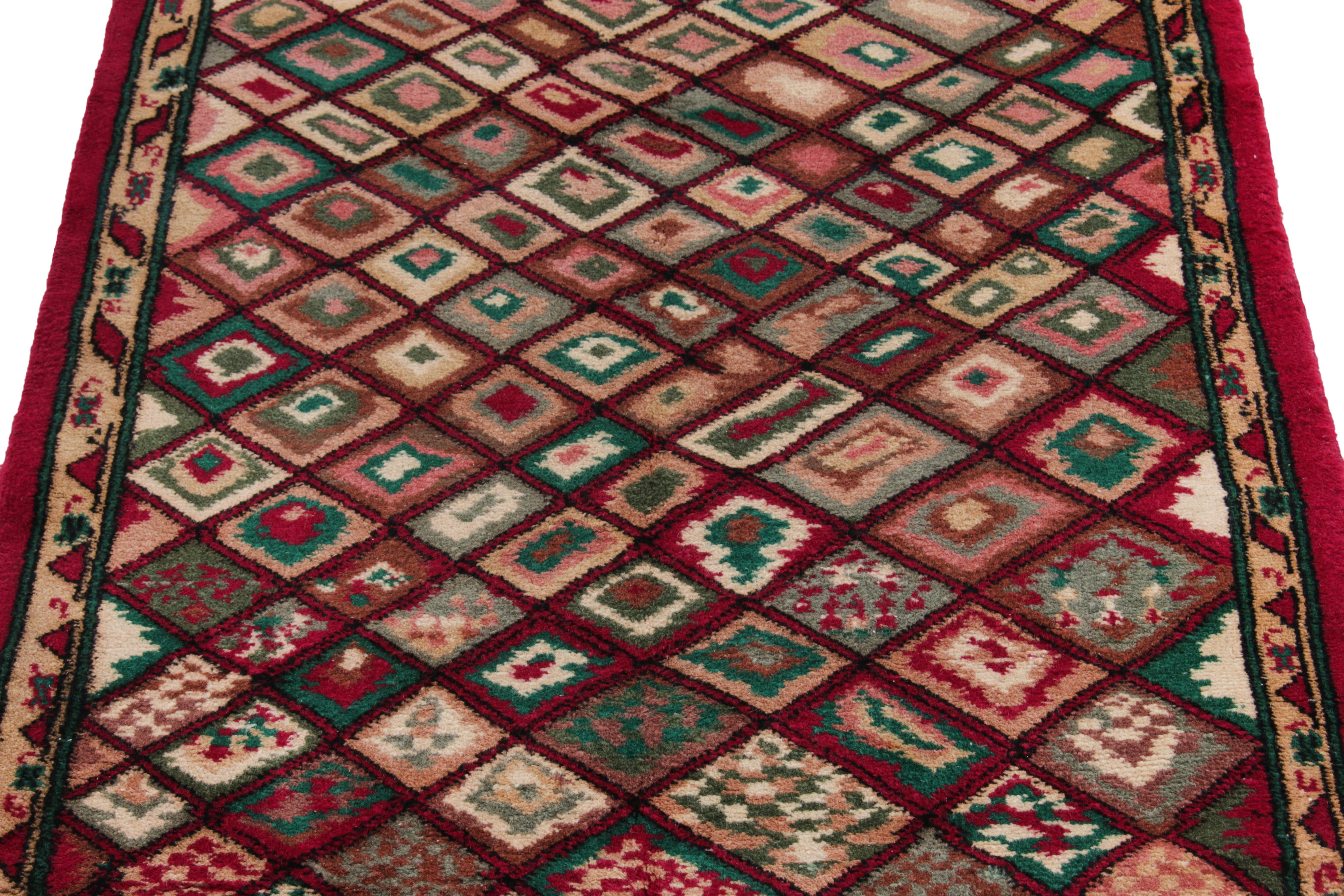 Turkish 1960s Vintage Distressed Rug in Red & Green Geometric Pattern by Rug & Kilim For Sale