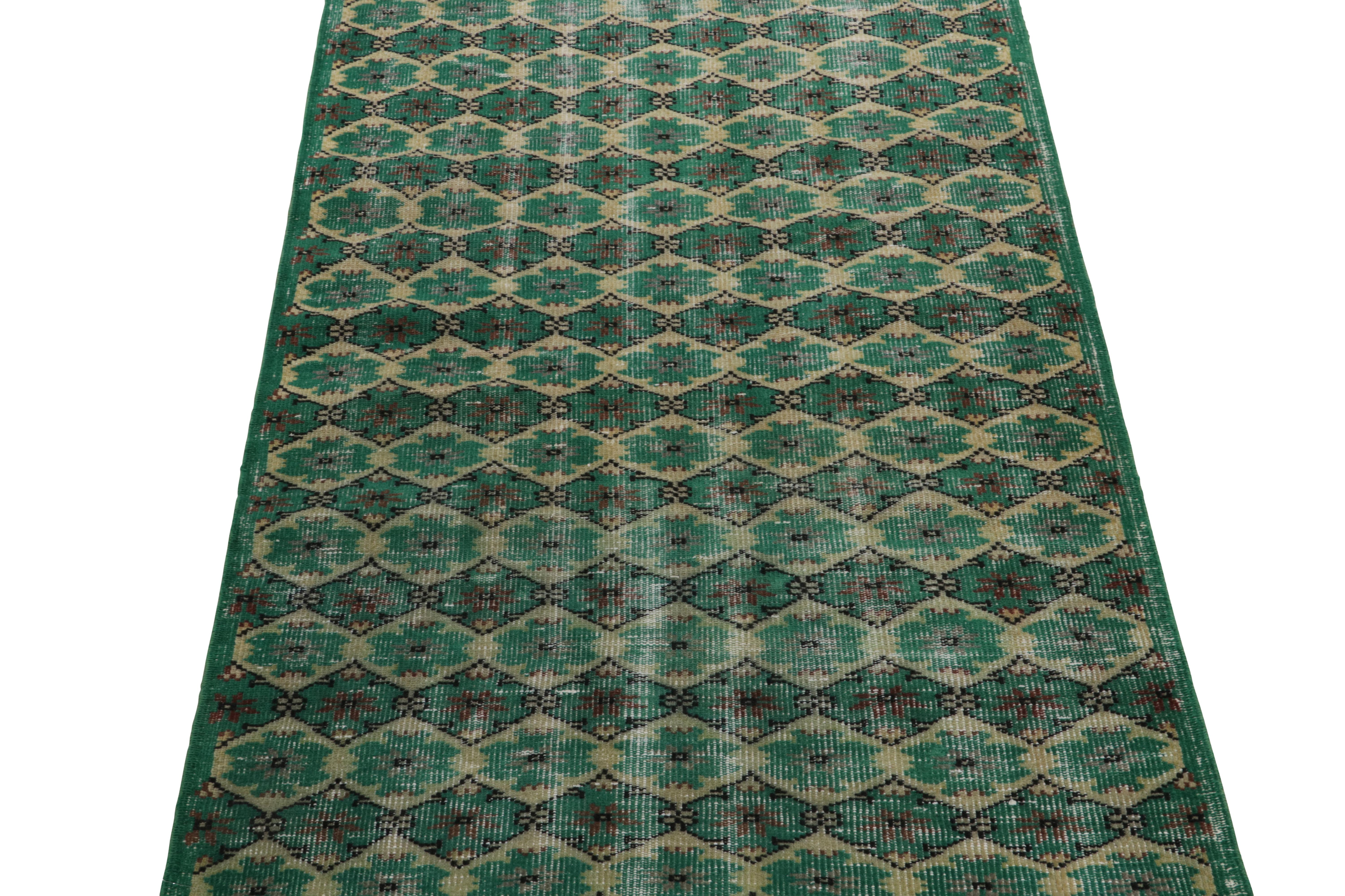 Turkish 1960s Vintage Distressed Rug in Teal Green Lattice Patterns by Rug & Kilim For Sale