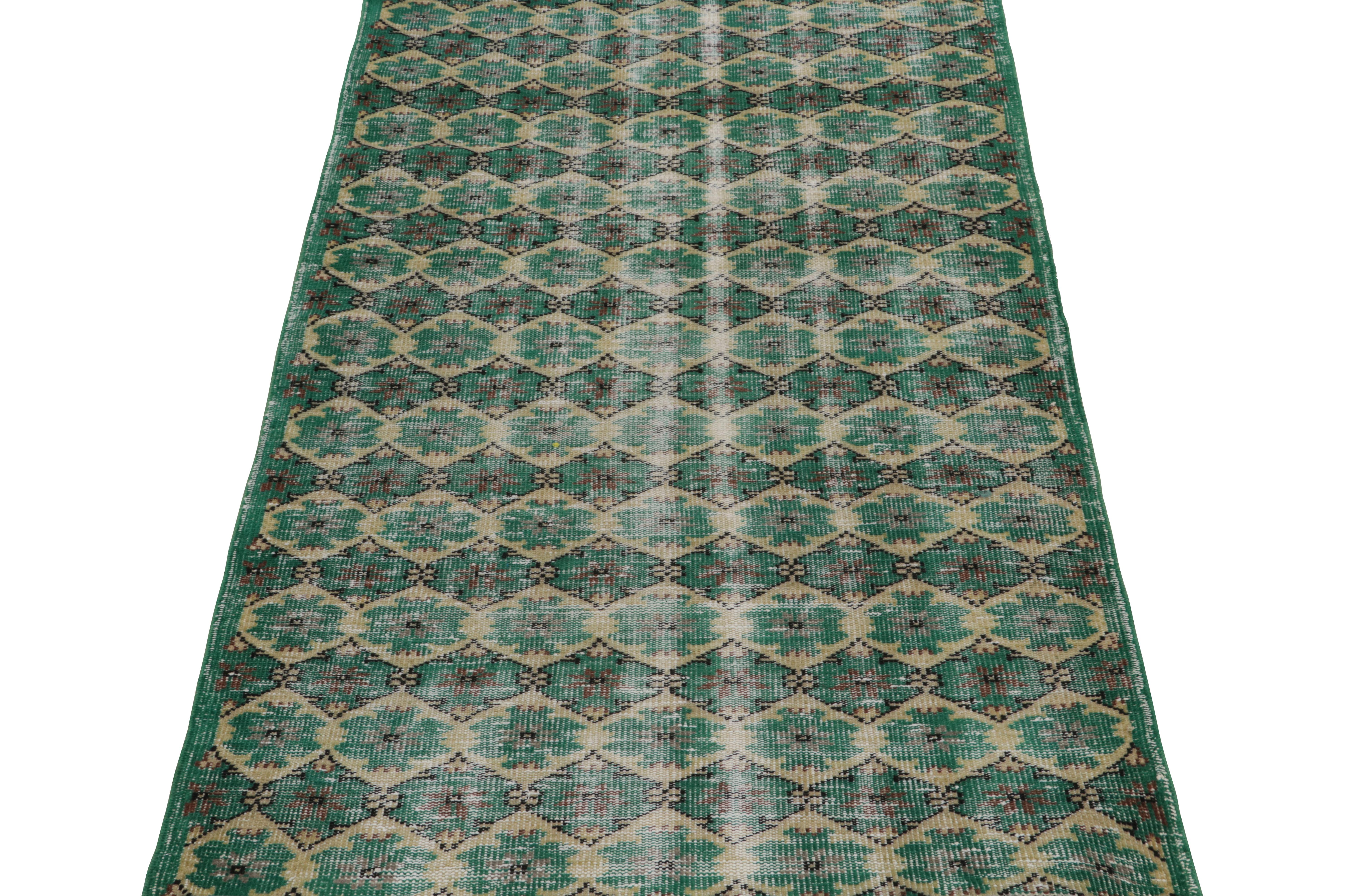 Turkish 1960s Vintage Distressed Rug in Teal Green Lattice Patterns with by Rug & Kilim For Sale