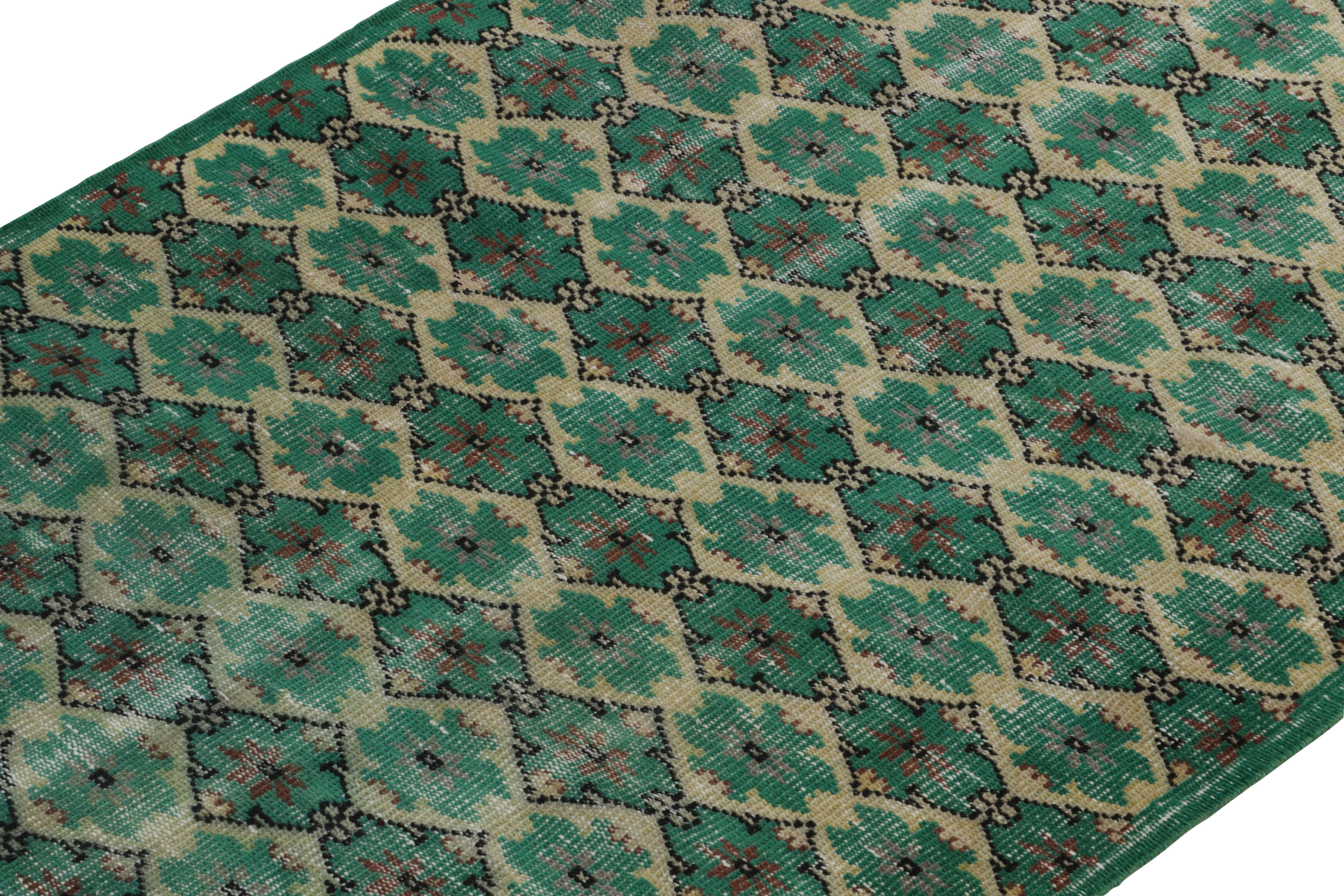 Hand-Knotted 1960s Vintage Distressed Rug in Teal Green Lattice Patterns by Rug & Kilim For Sale