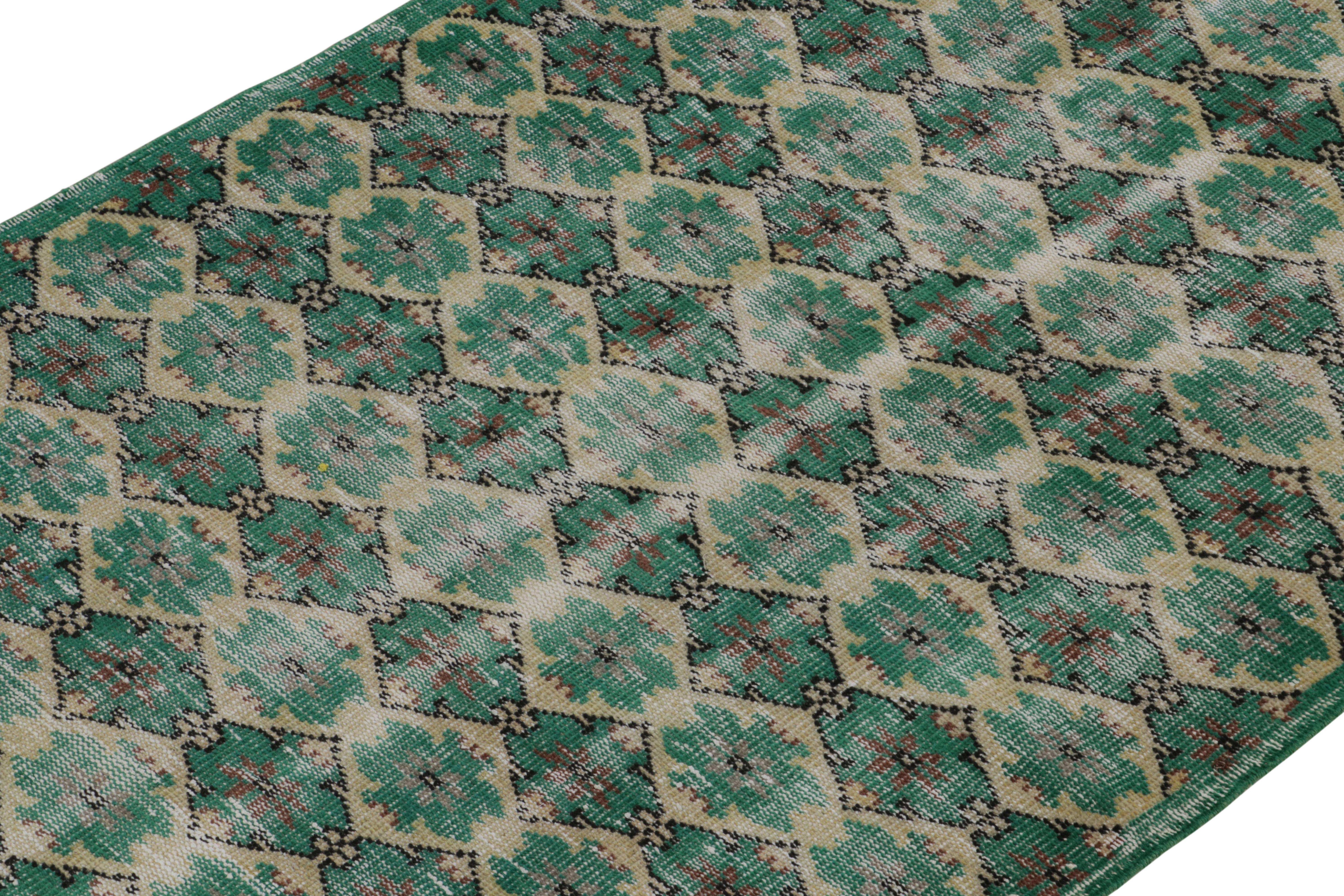 Hand-Knotted 1960s Vintage Distressed Rug in Teal Green Lattice Patterns with by Rug & Kilim For Sale