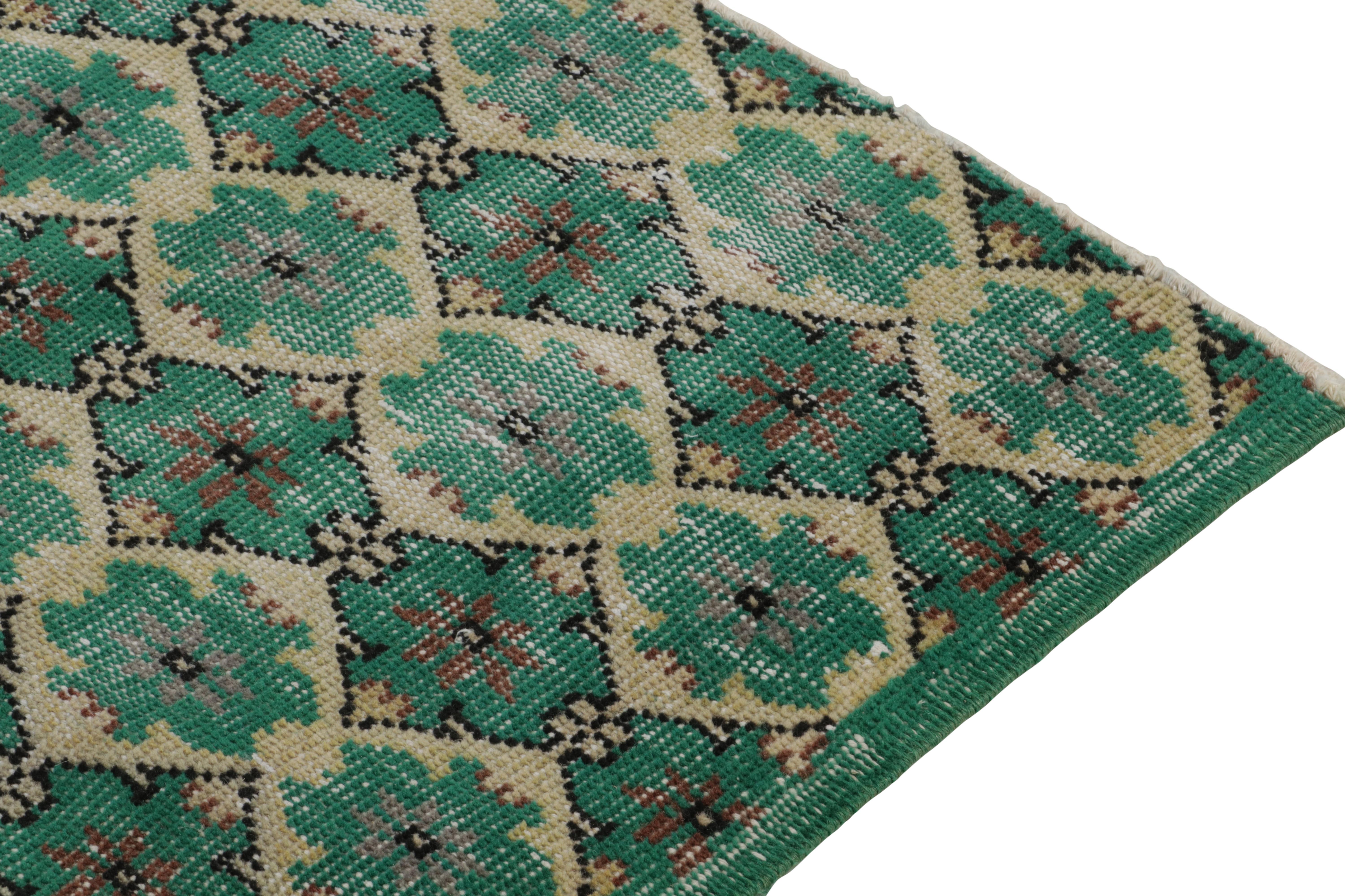 1960s Vintage Distressed Rug in Teal Green Lattice Patterns by Rug & Kilim In Good Condition For Sale In Long Island City, NY