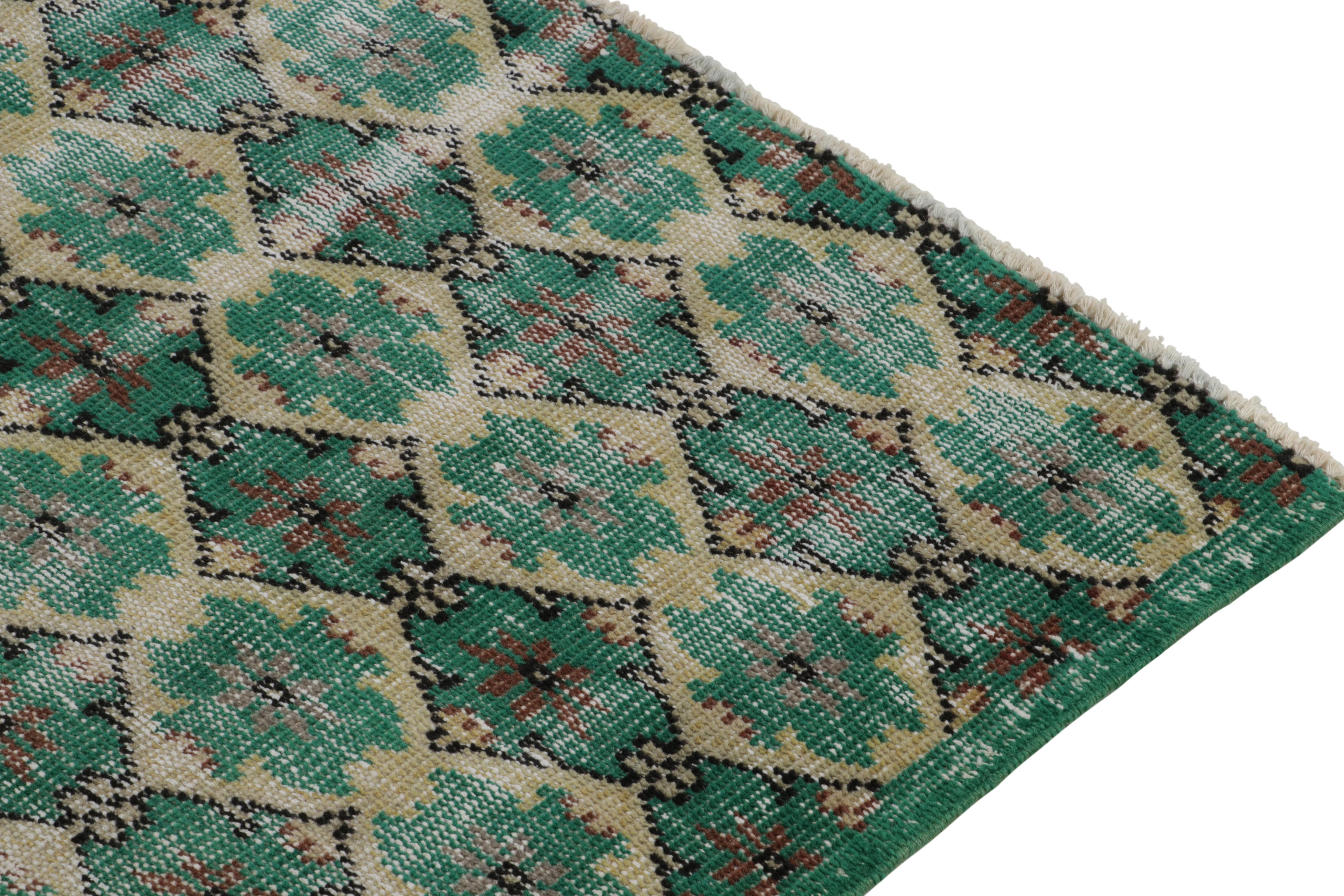 1960s Vintage Distressed Rug in Teal Green Lattice Patterns with by Rug & Kilim In Good Condition For Sale In Long Island City, NY