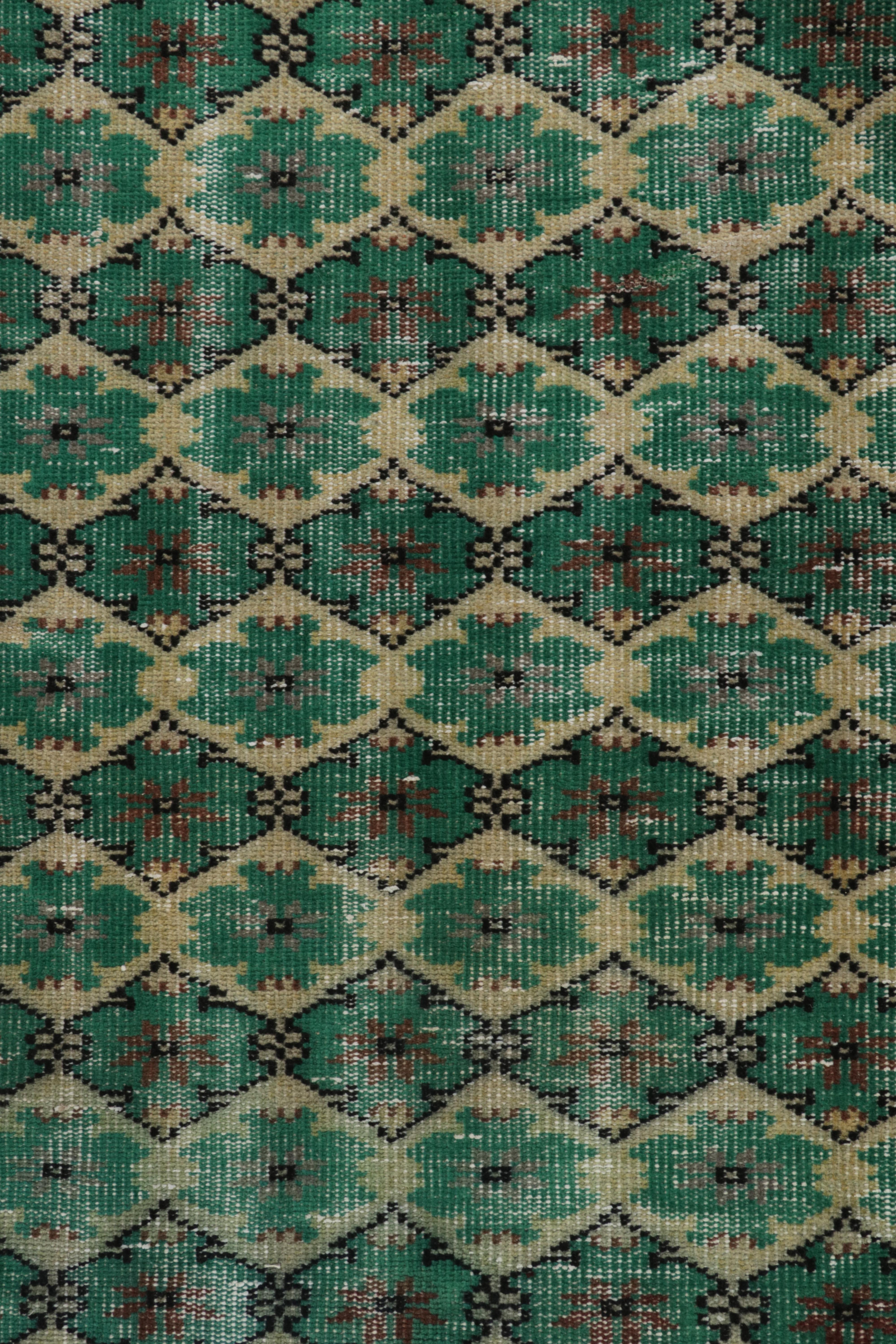 Mid-20th Century 1960s Vintage Distressed Rug in Teal Green Lattice Patterns by Rug & Kilim For Sale