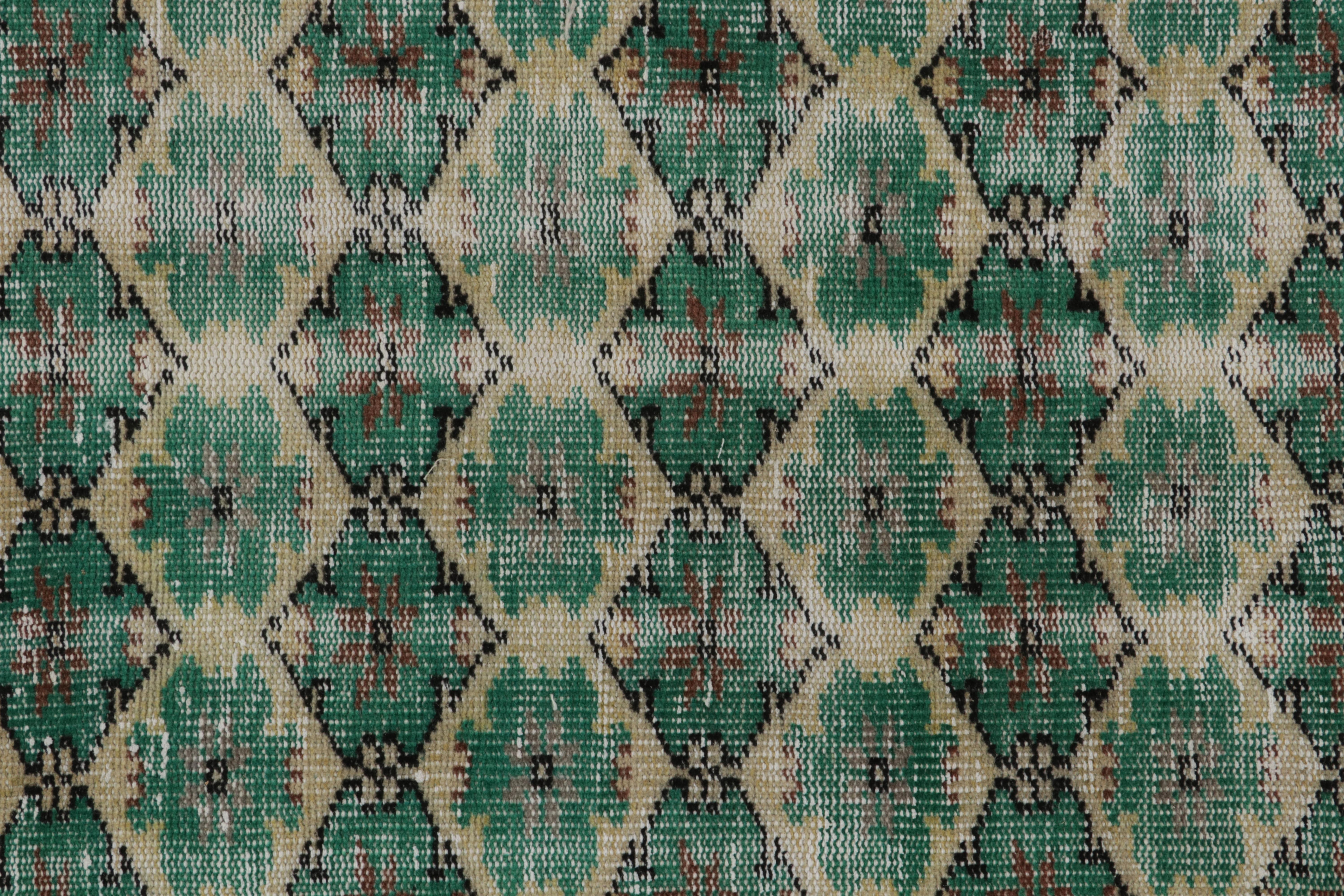 Mid-20th Century 1960s Vintage Distressed Rug in Teal Green Lattice Patterns with by Rug & Kilim For Sale