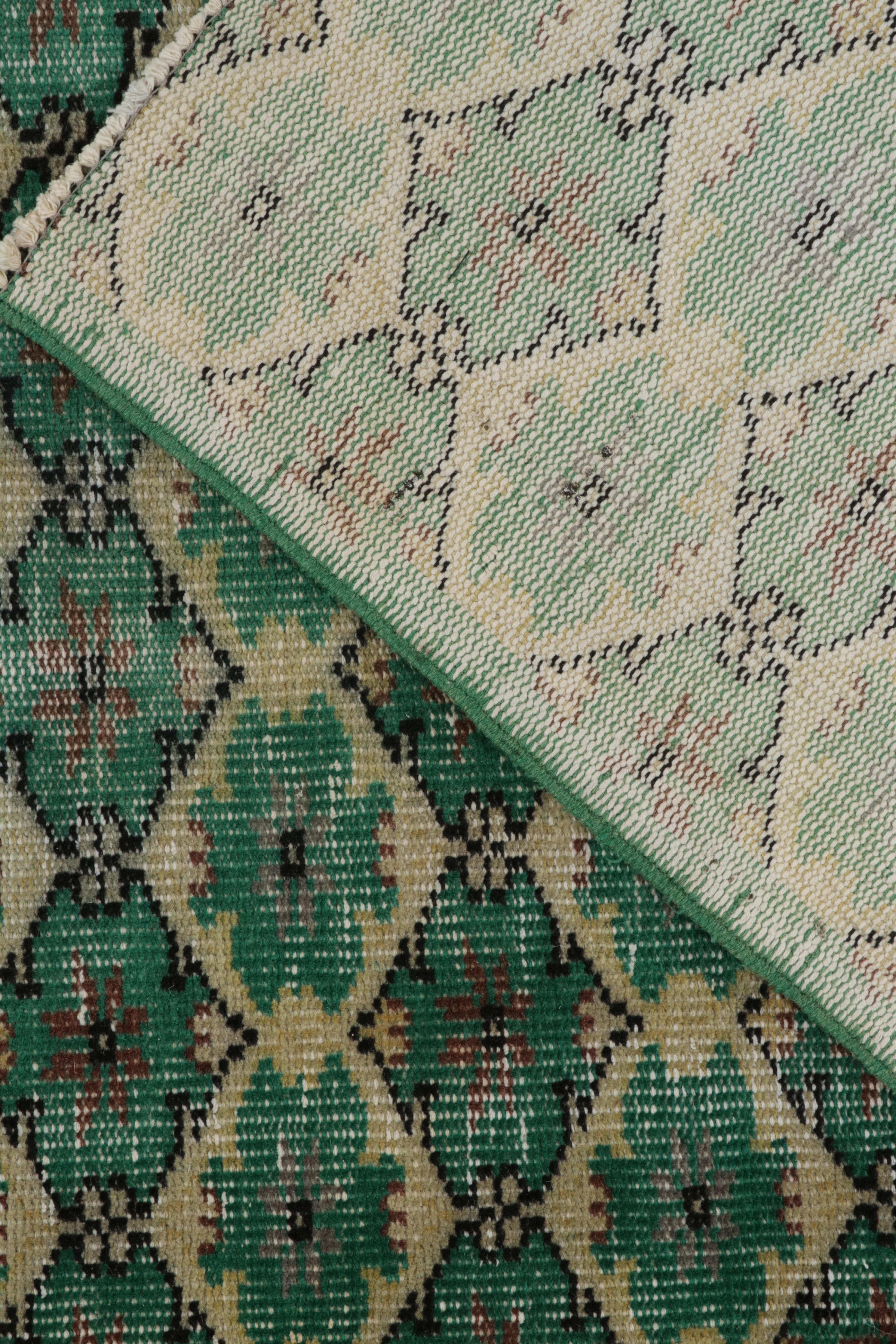 Wool 1960s Vintage Distressed Rug in Teal Green Lattice Patterns by Rug & Kilim For Sale