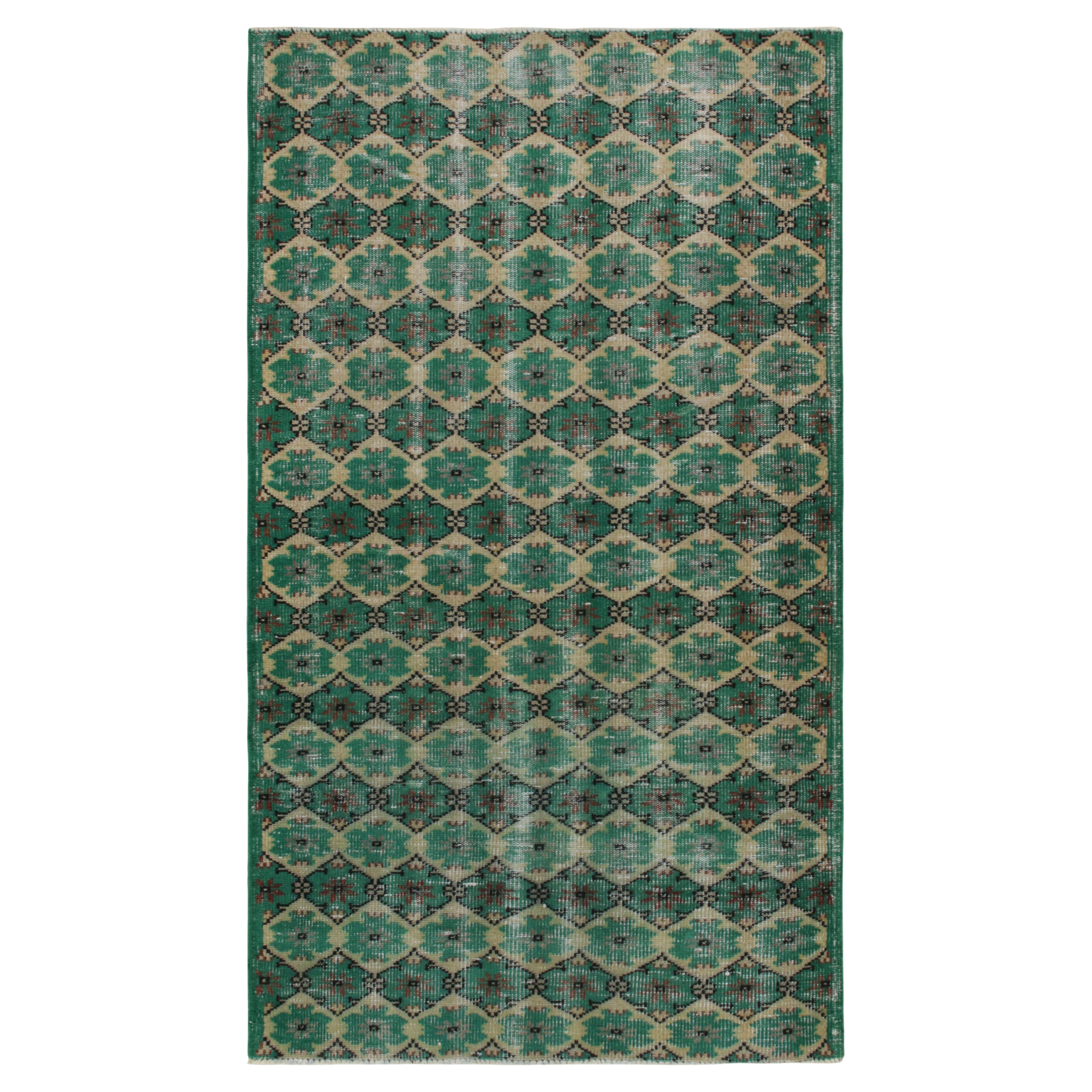 1960s Vintage Distressed Rug in Teal Green Lattice Patterns by Rug & Kilim For Sale